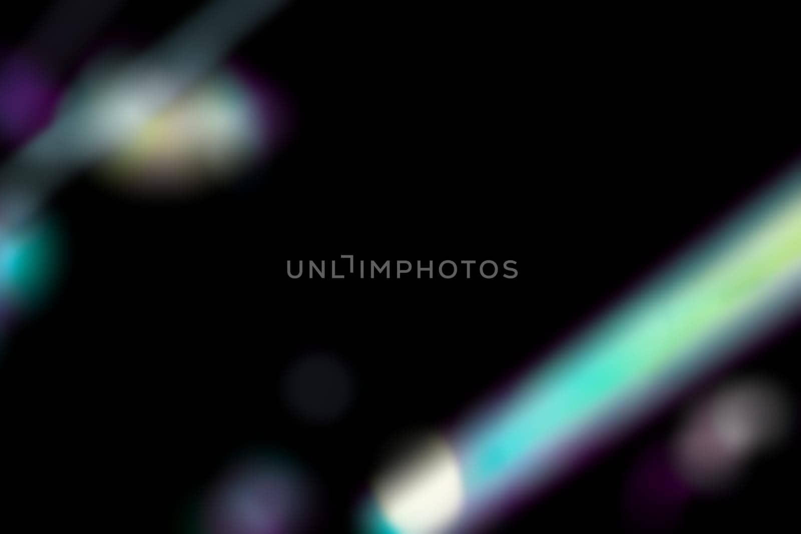 Dynamic lens flare and rainbow prism effect on black background. Colorful, blurred lights. Holographic reflection. Abstract, multicolor overlay effect. Color gradient, y2k style. 3D render