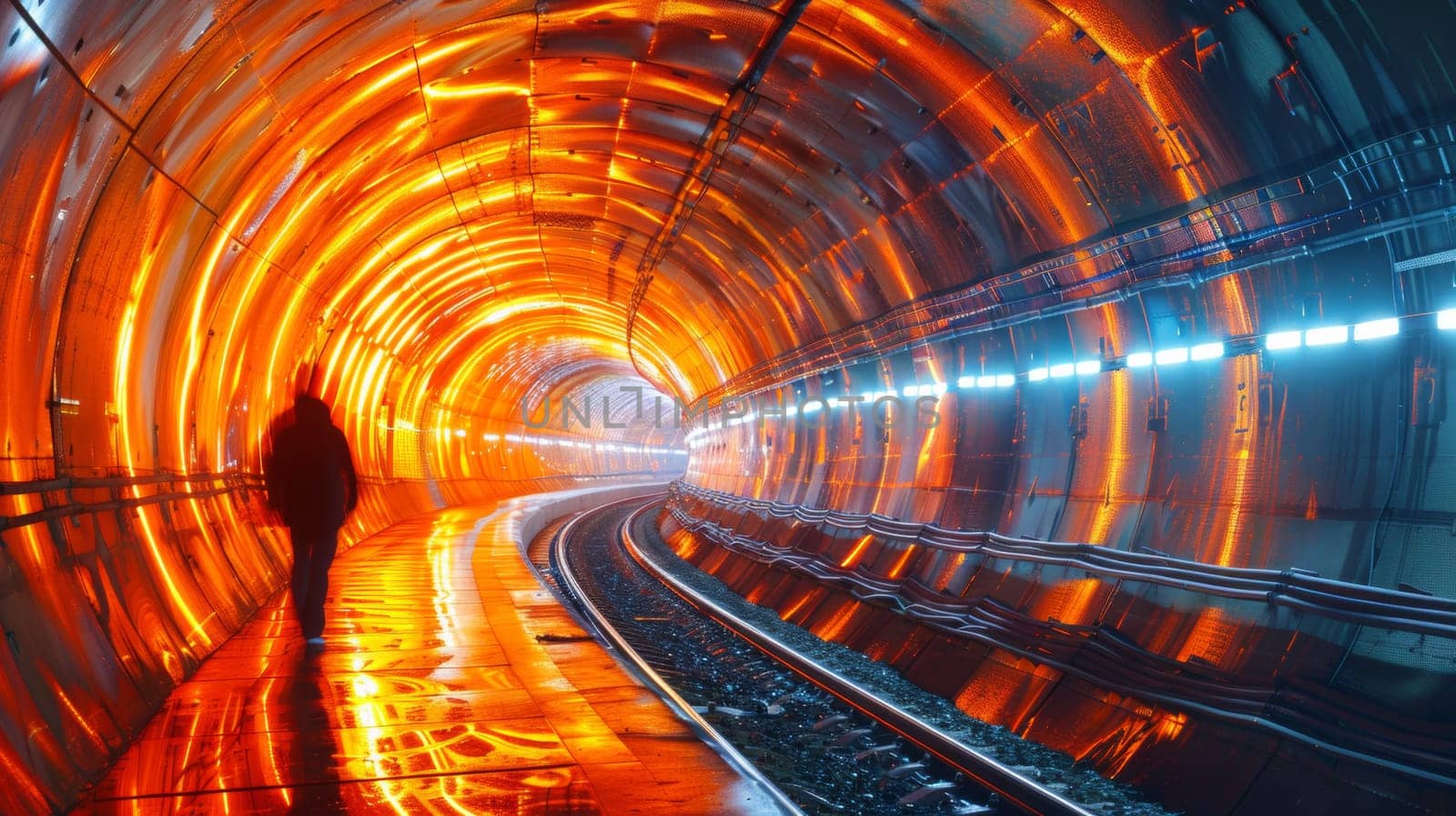 A person walking down a tunnel with orange lights and train tracks