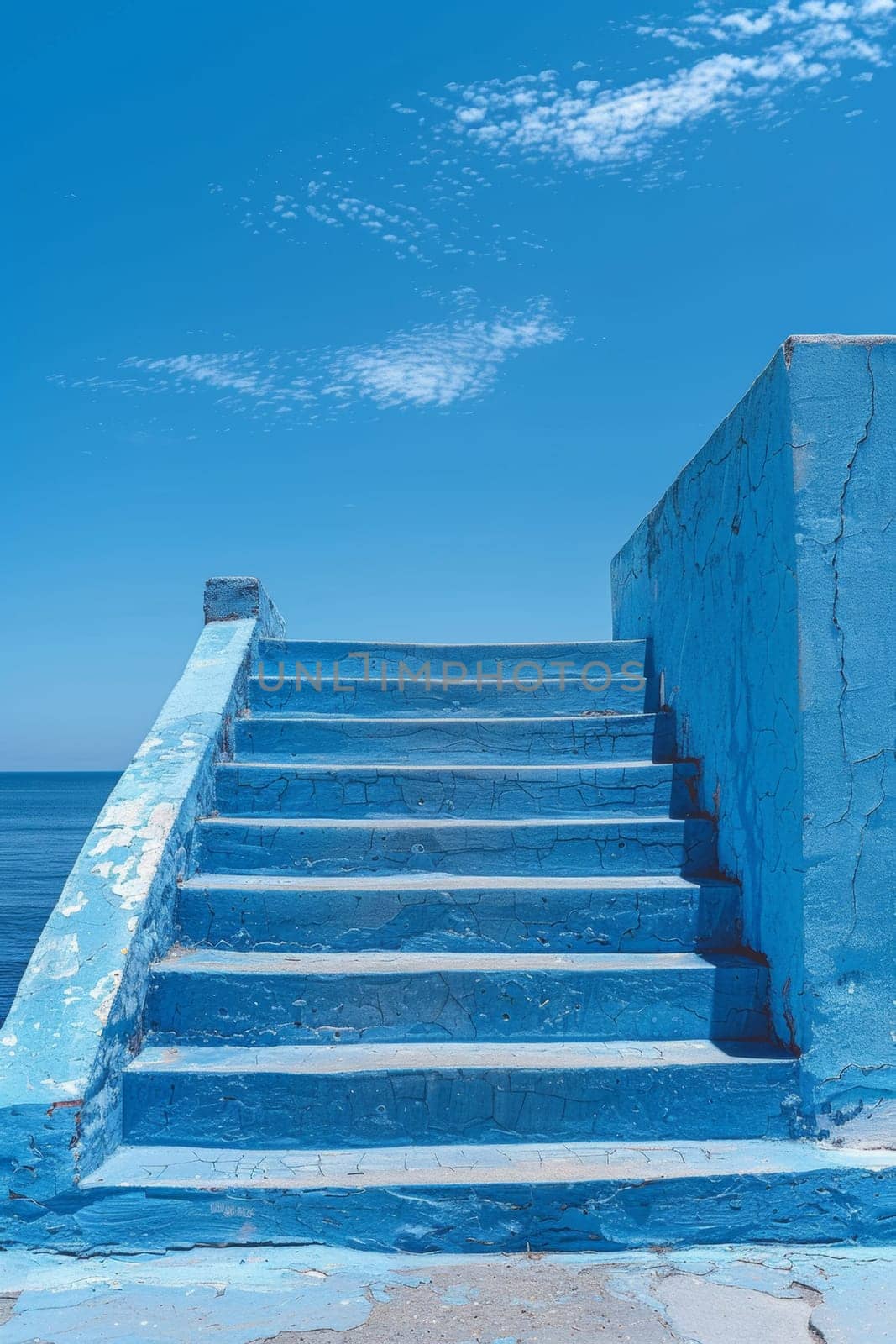 A blue painted steps leading up to a wall with an ocean view
