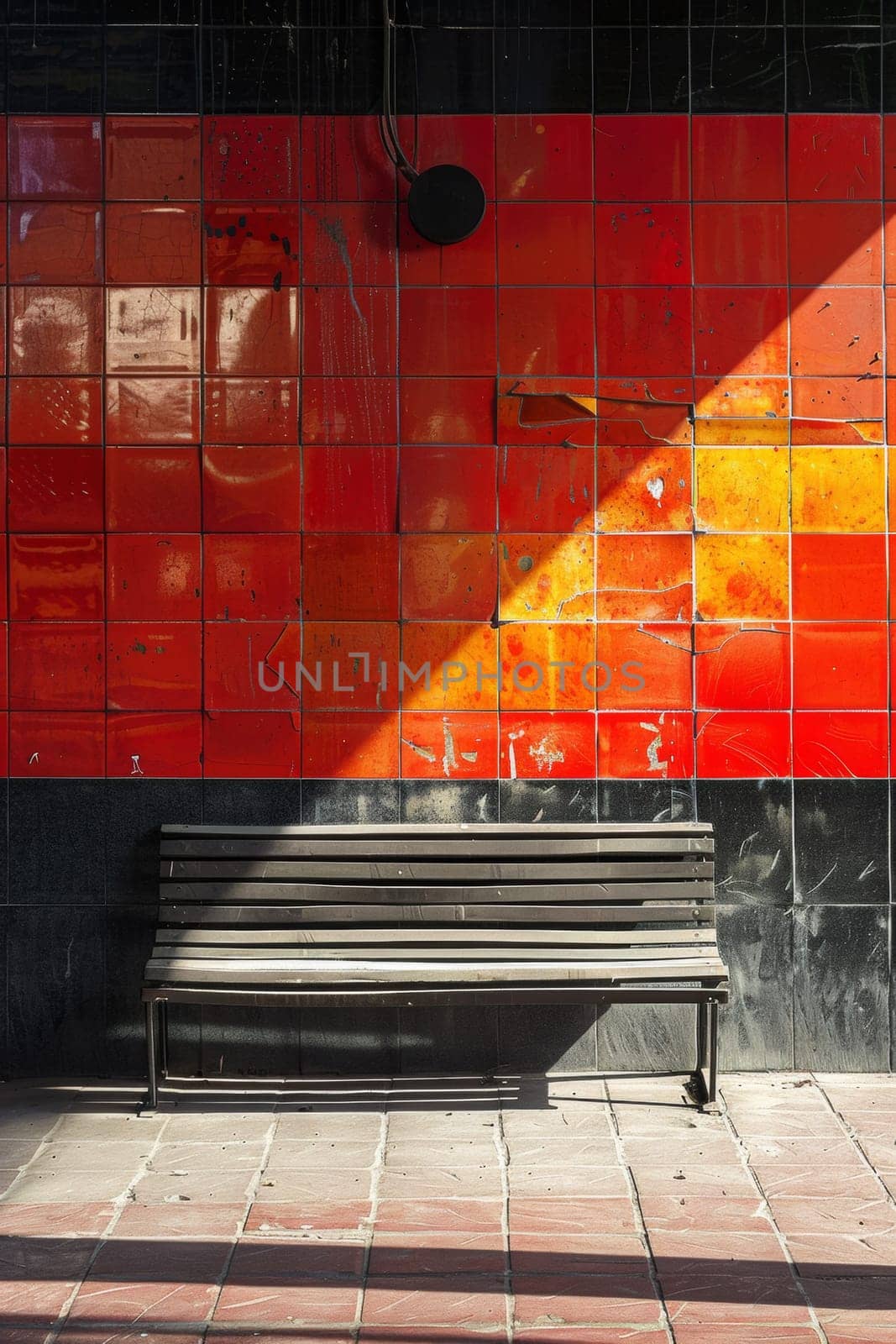 A bench sitting in front of a red and orange wall