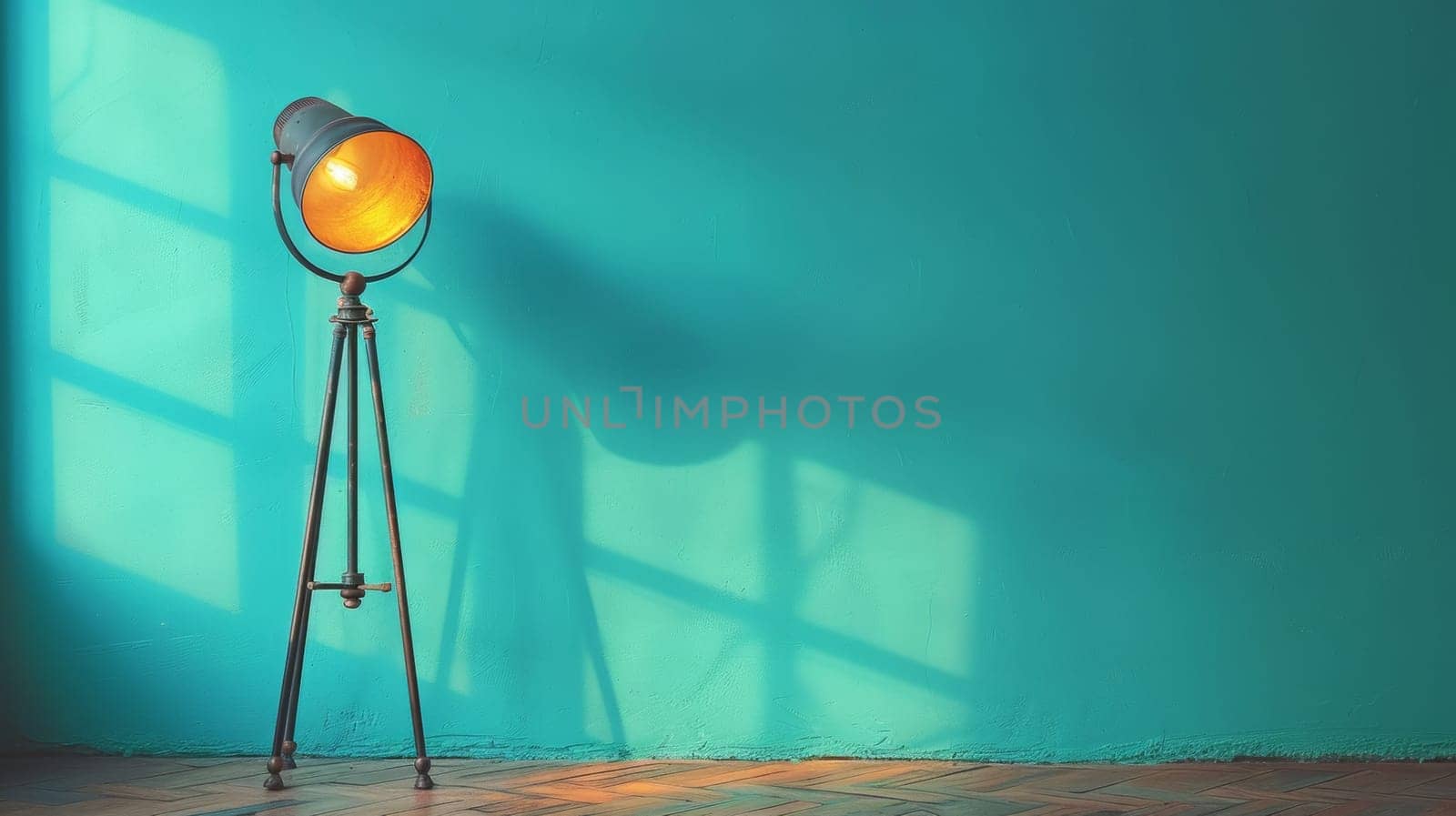 A lamp on a floor in front of an empty blue wall