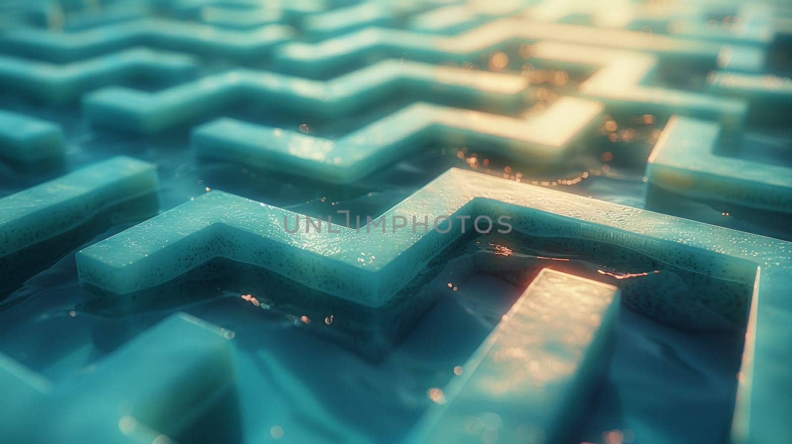 A close up of a maze with water running through it