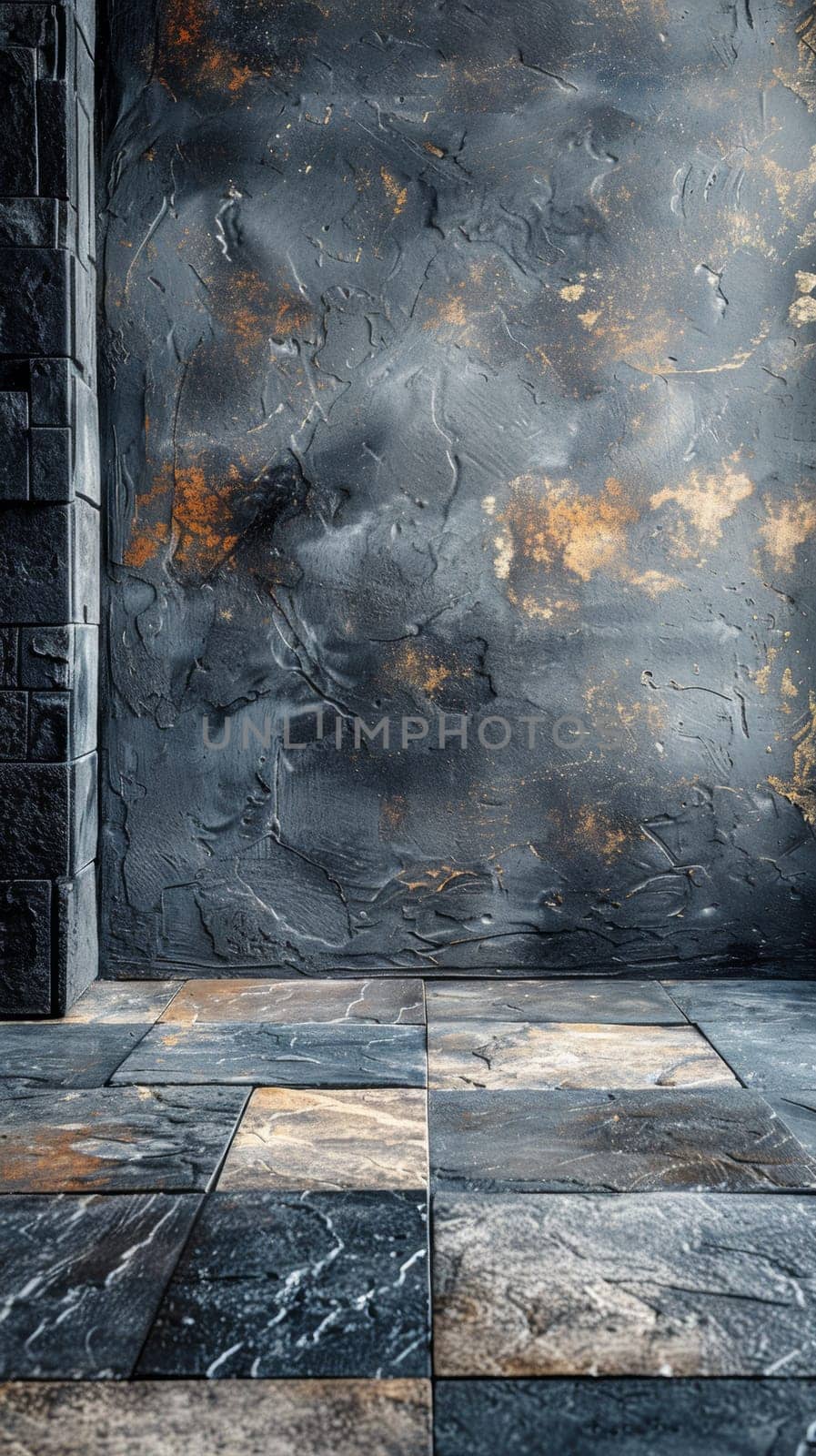 A room with a stone wall and floor tiles in the background