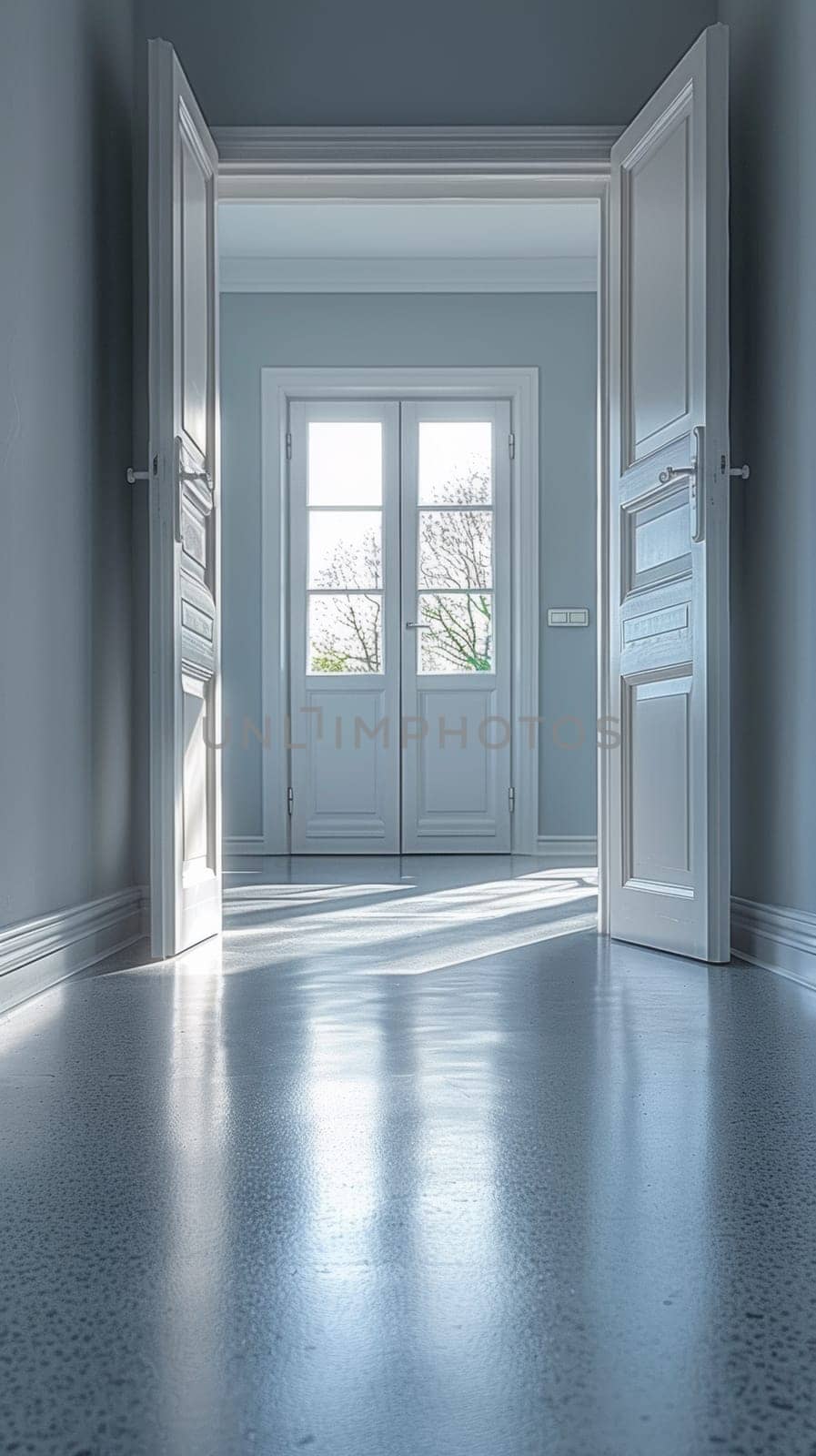 A hallway with two doors leading to a room that has white walls