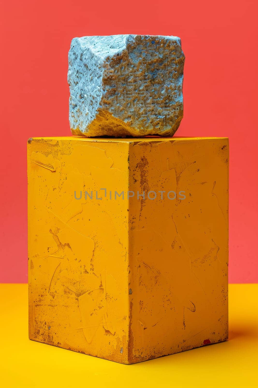 A large rock sitting on top of a yellow block