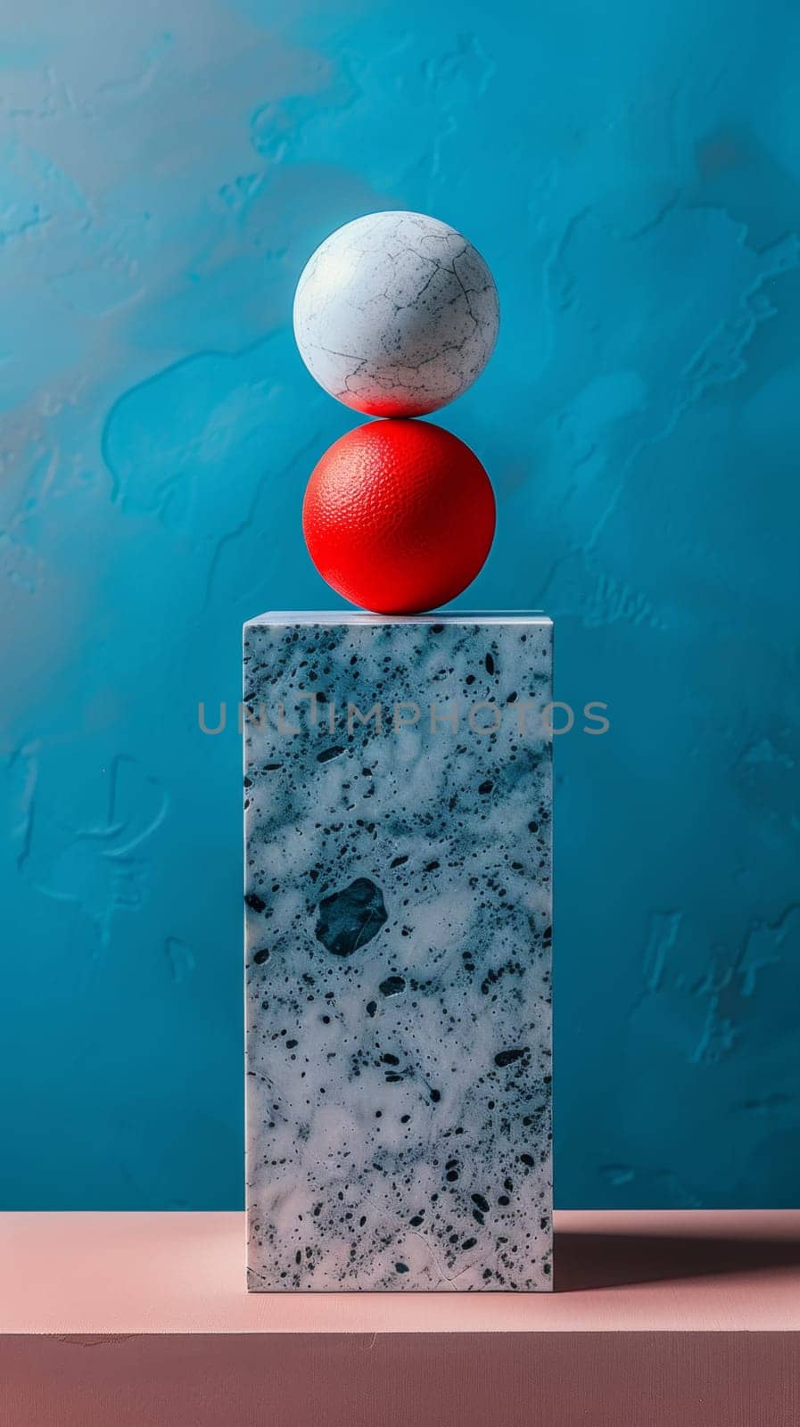 A marble sculpture with two eggs on top of it sitting next to a blue wall