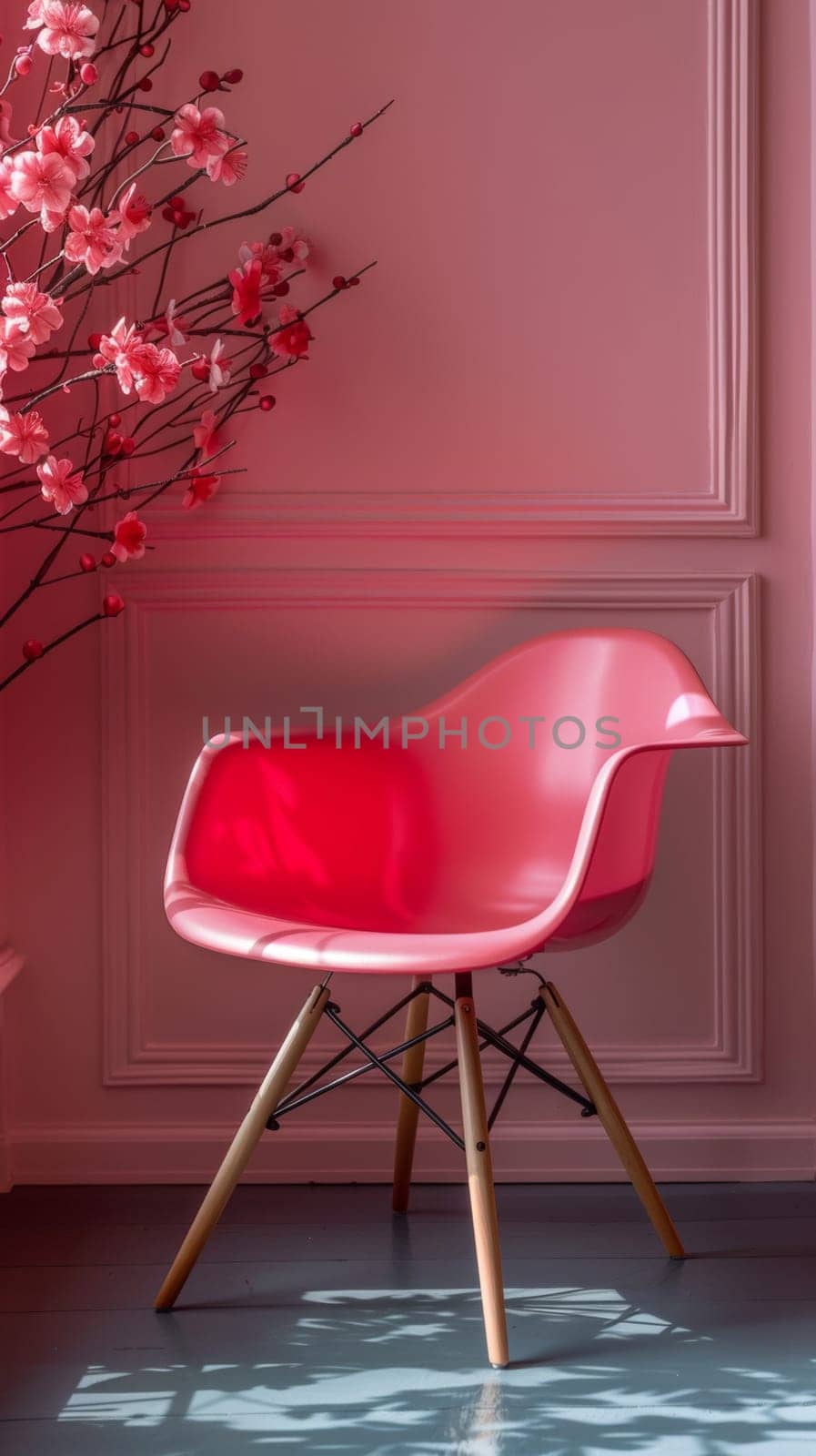 A pink chair sitting in front of a wall with flowers