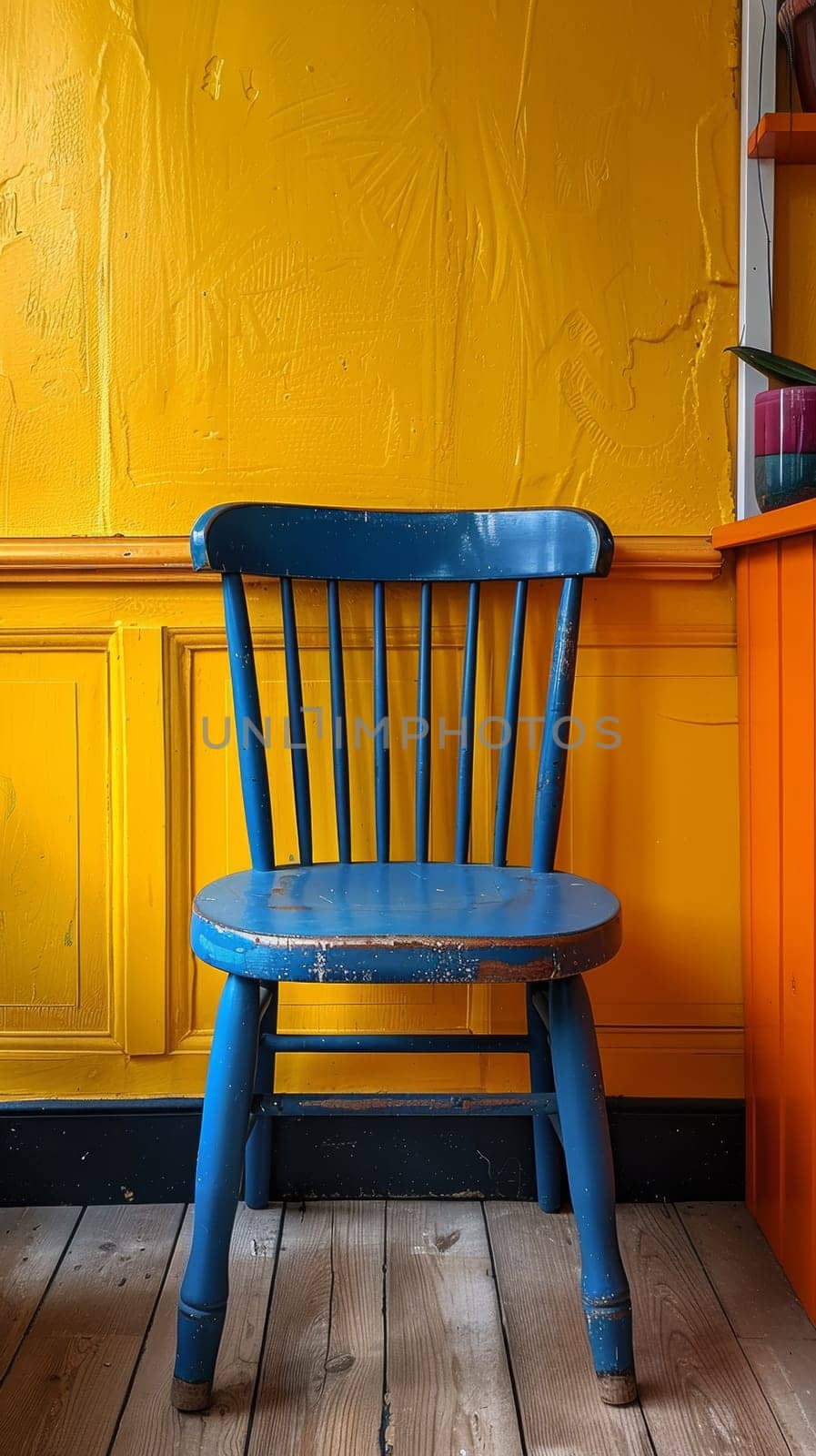 A blue chair sitting in front of a yellow wall
