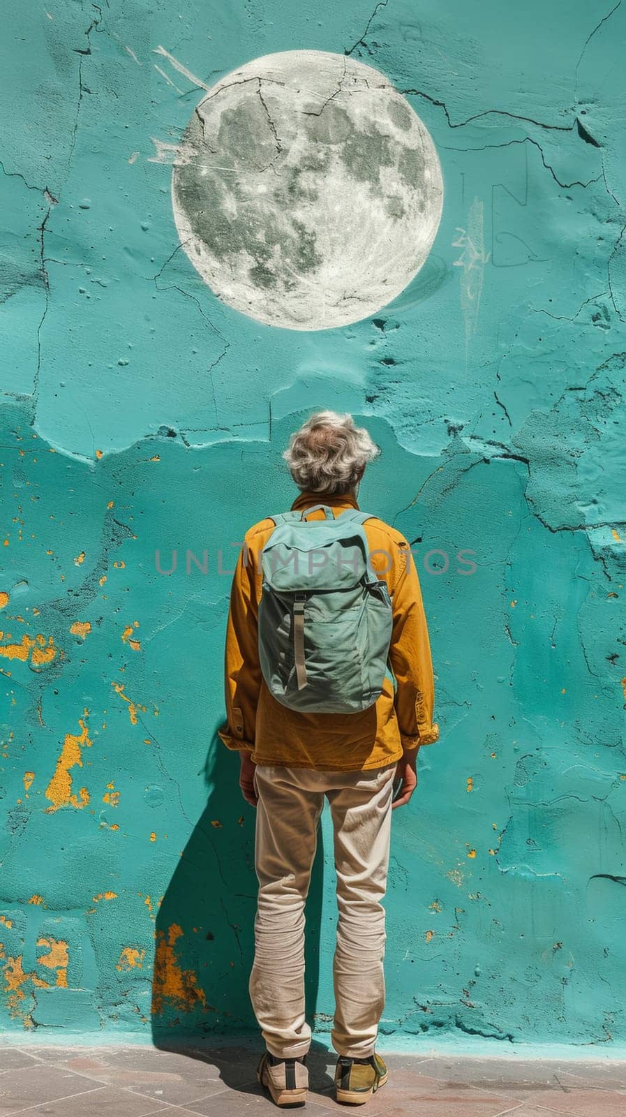 A man with a backpack standing in front of painted wall