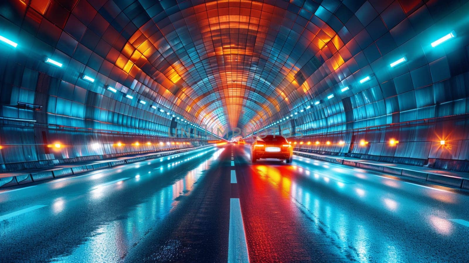 A car driving through a tunnel with lights on the sides