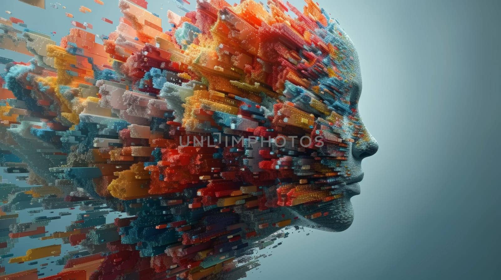 A digital image of a woman's head with many different colors