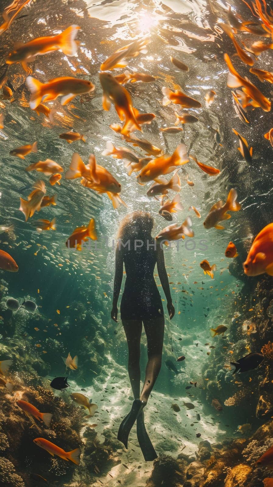 A woman in a wetsuit swimming through an ocean of fish