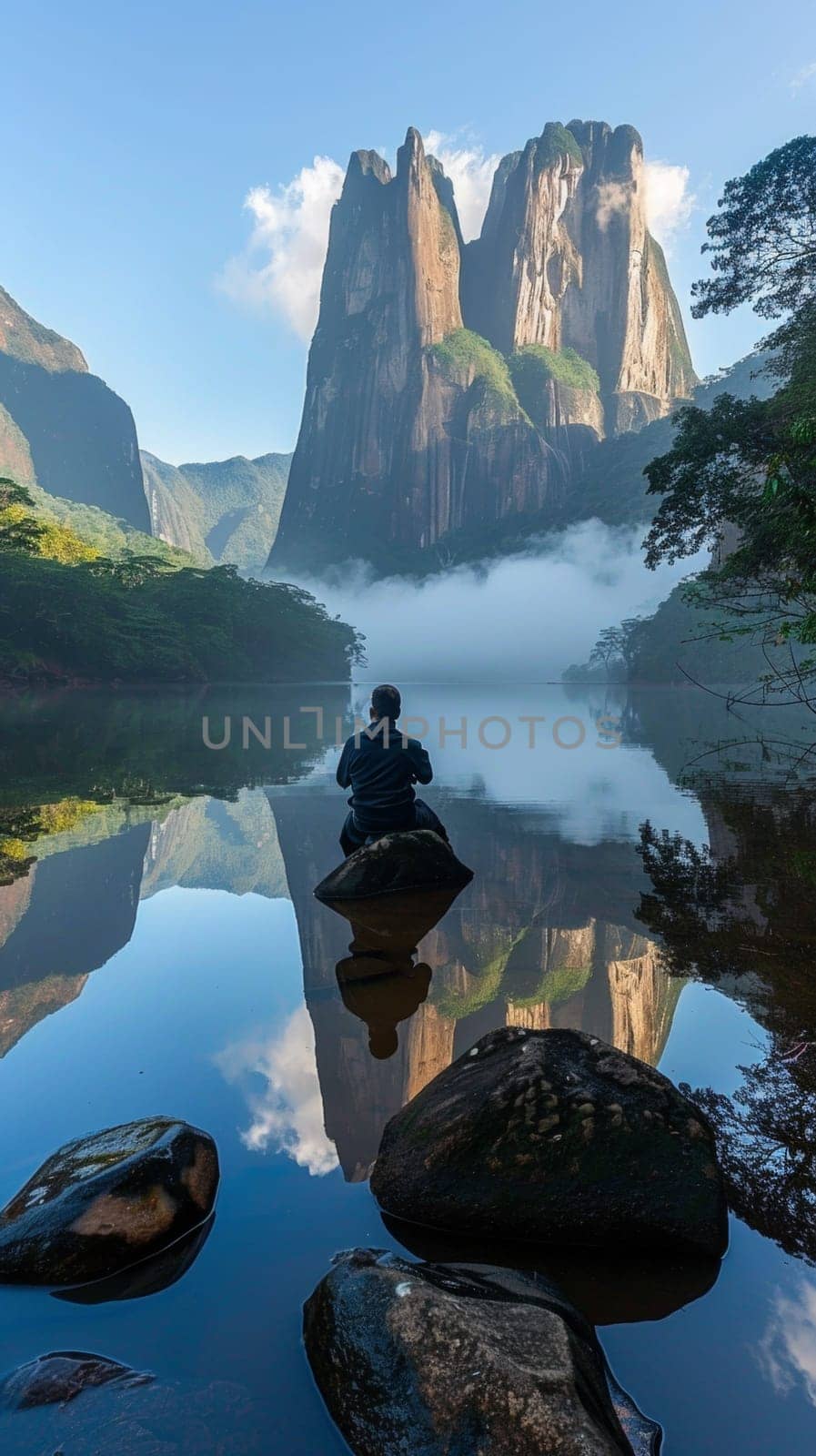 A man sitting on a rock in the middle of water