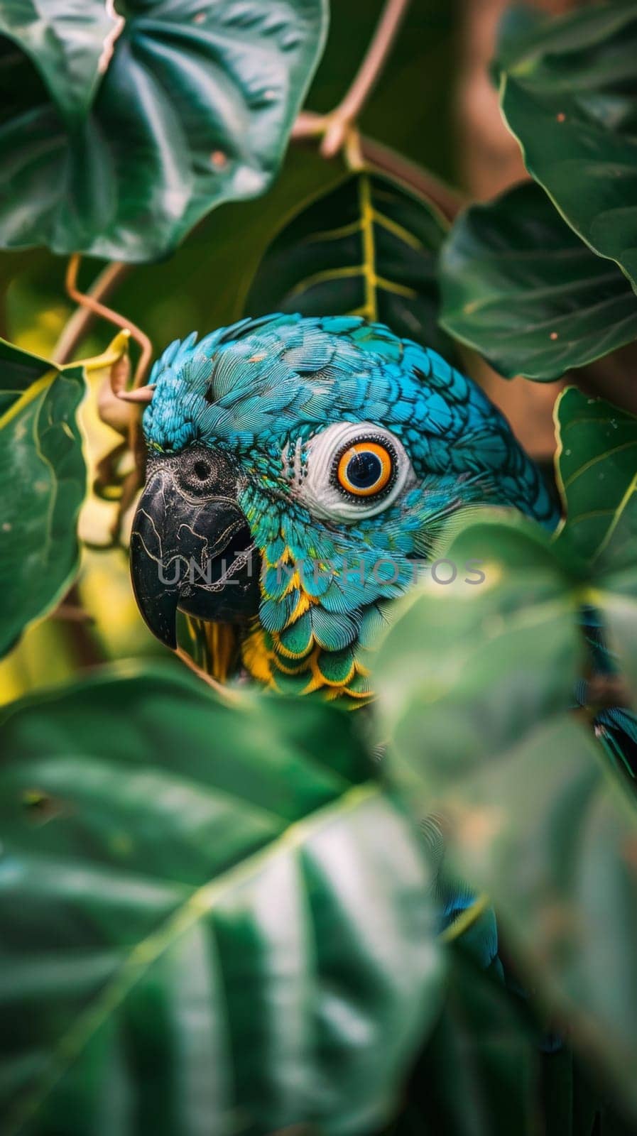 A blue parrot sitting in a tree surrounded by leaves