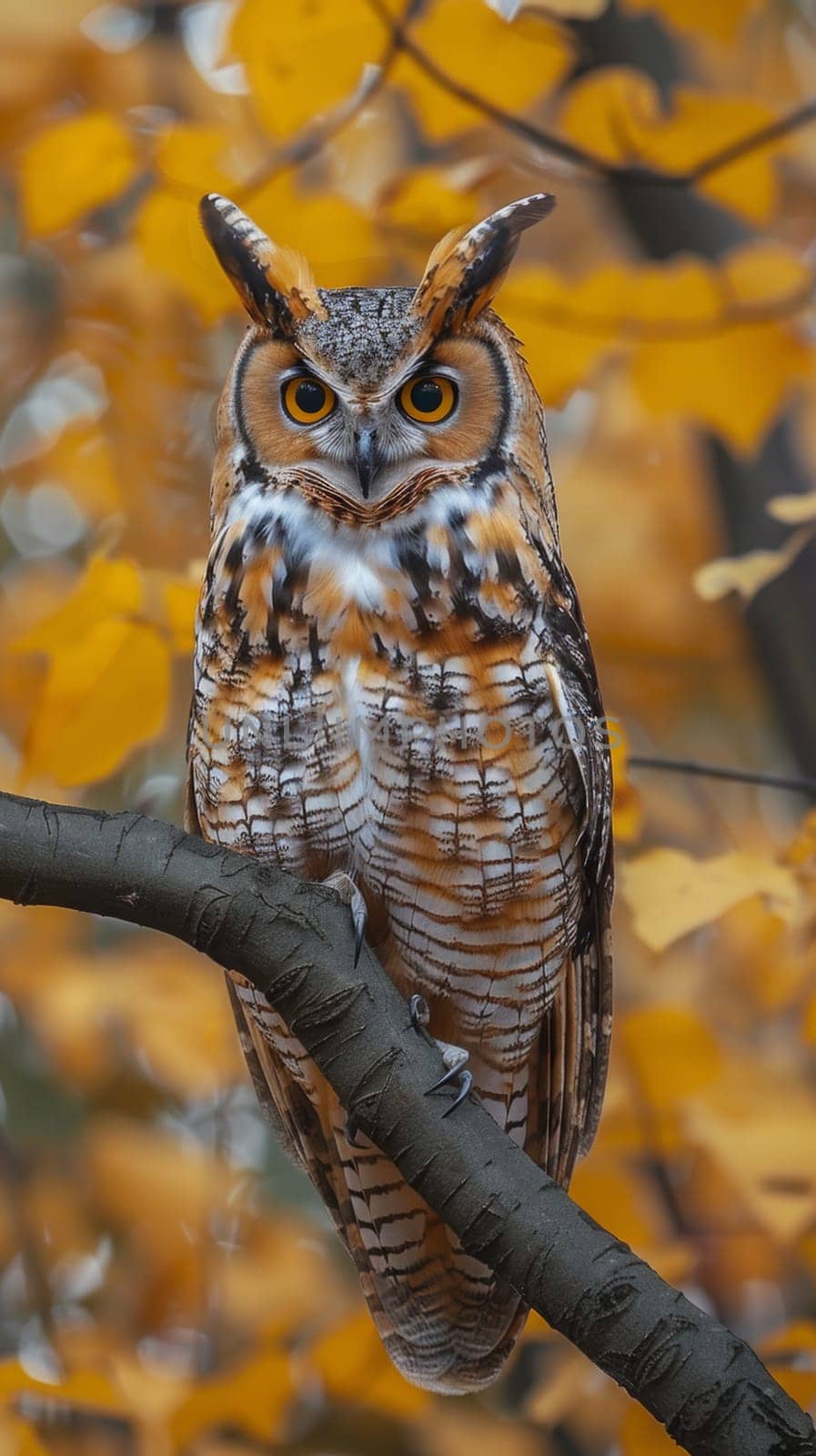 An owl perched on a branch in front of yellow leaves
