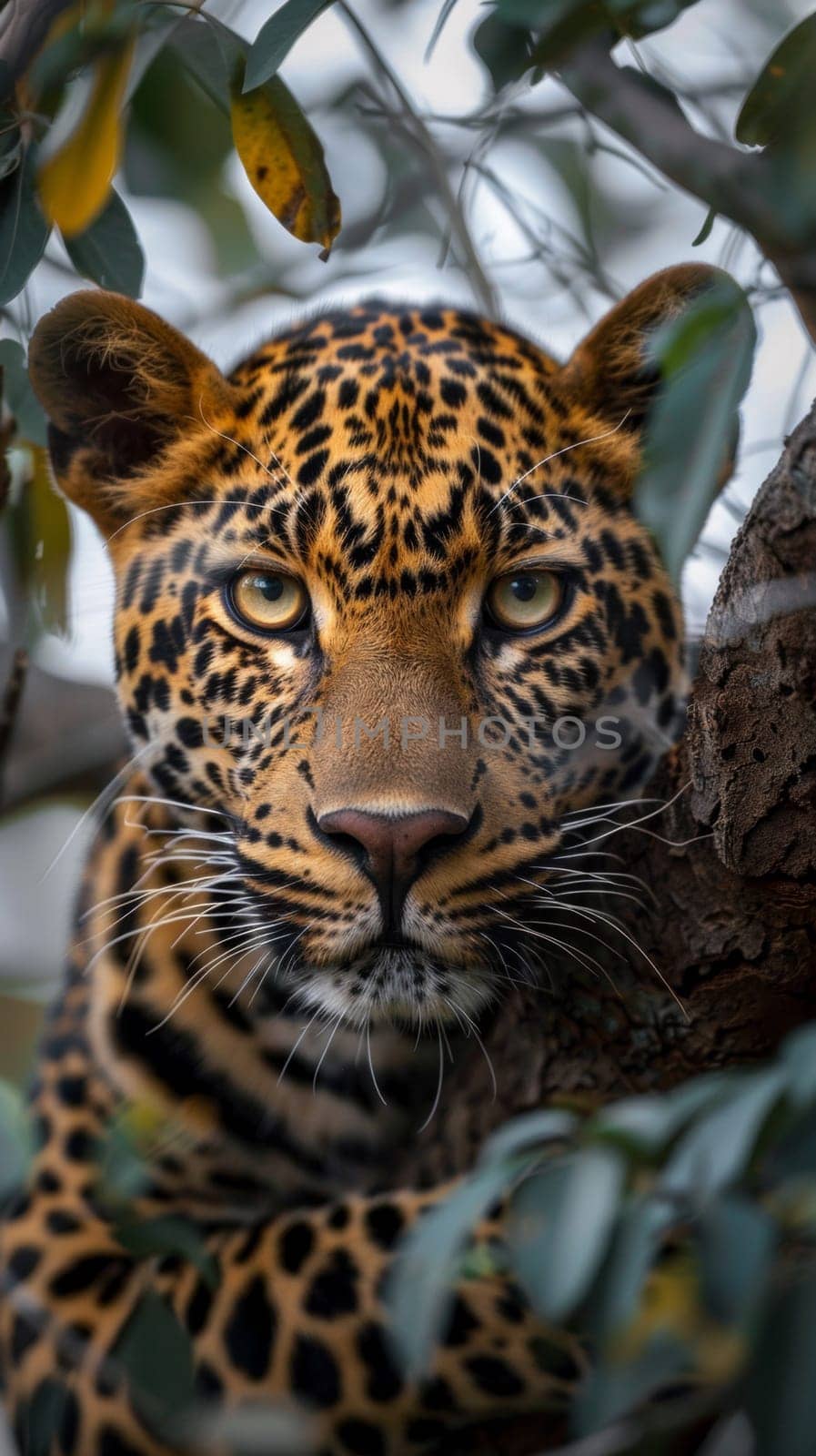 A leopard looking into the camera from behind a tree