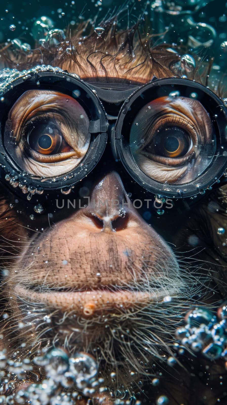 A monkey wearing goggles and swimming in the water
