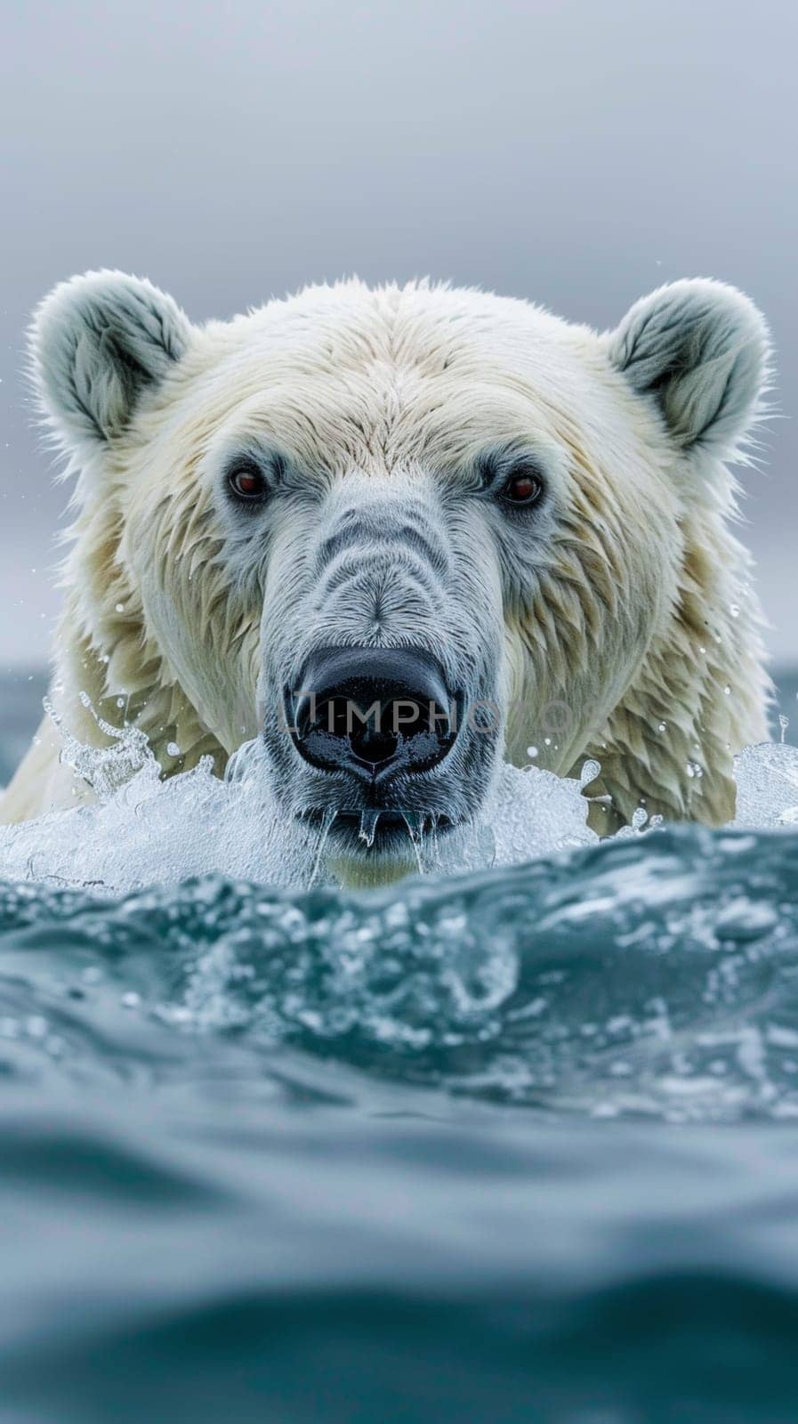 A polar bear swimming in the ocean with its head above water