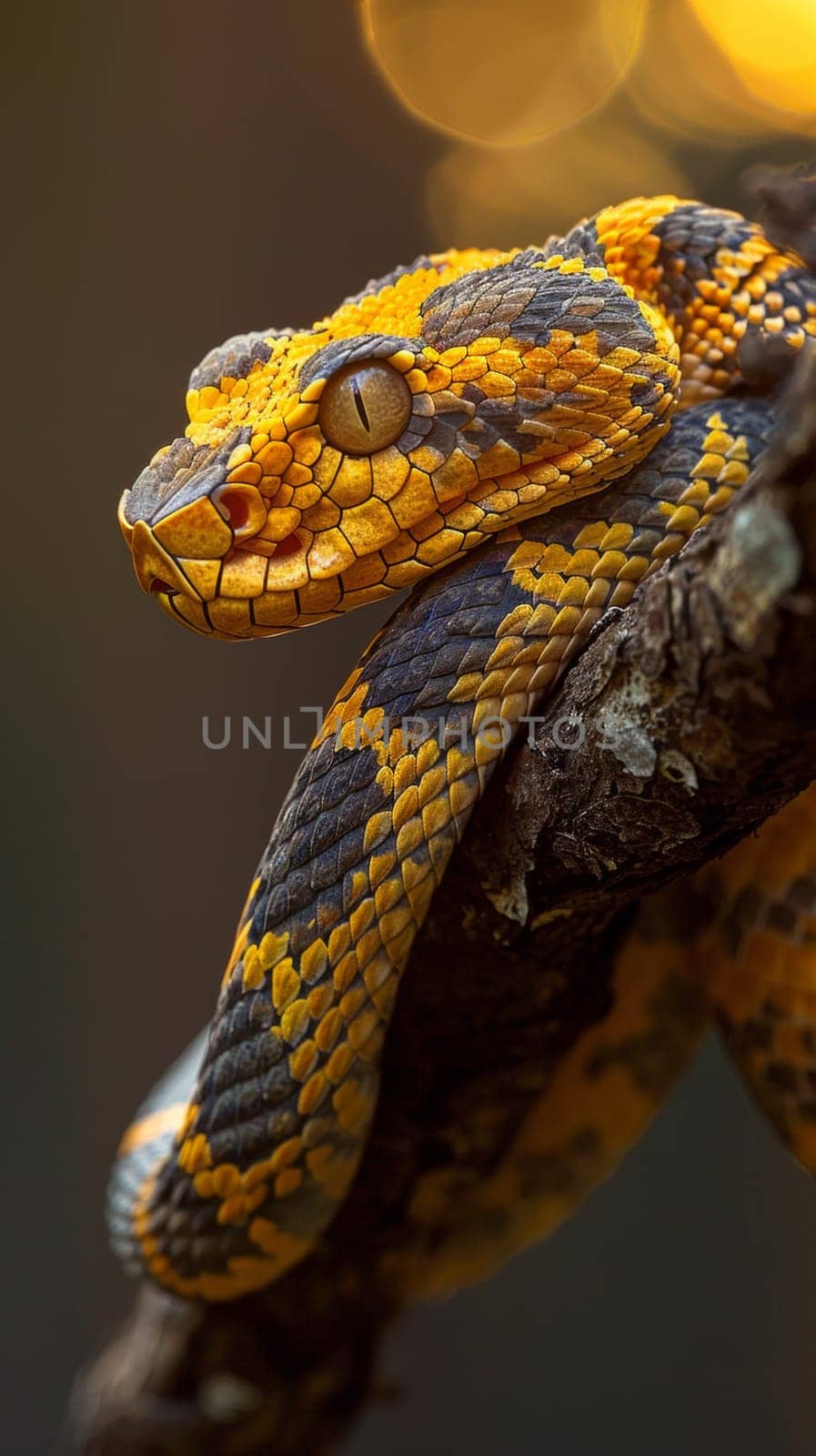 A close up of a snake on top of a tree branch