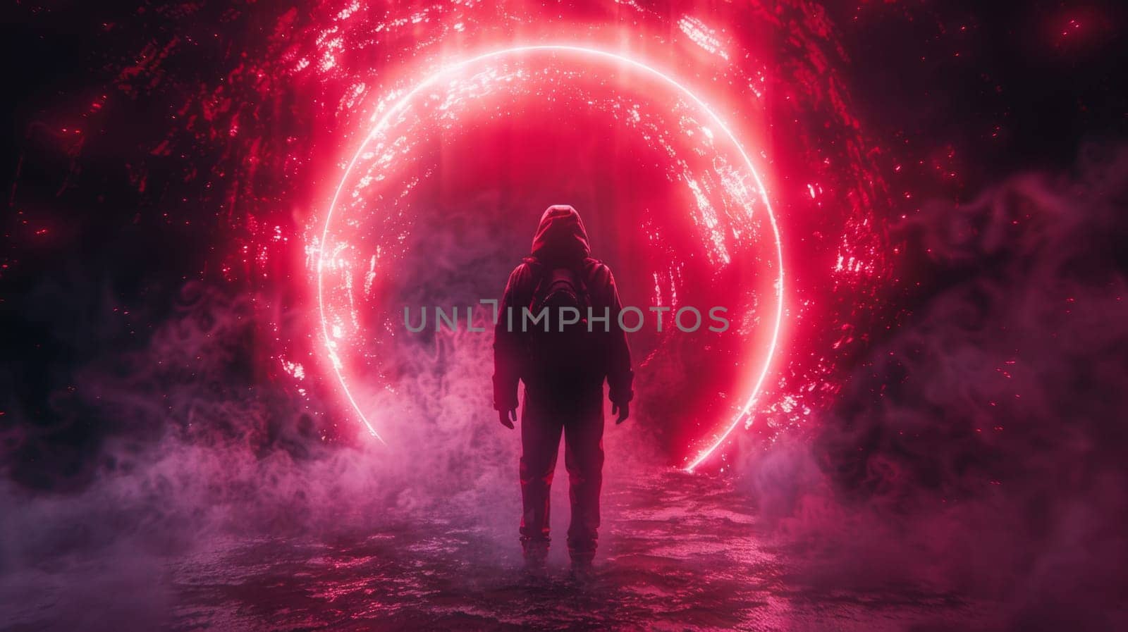 A person standing in front of a red glowing tunnel