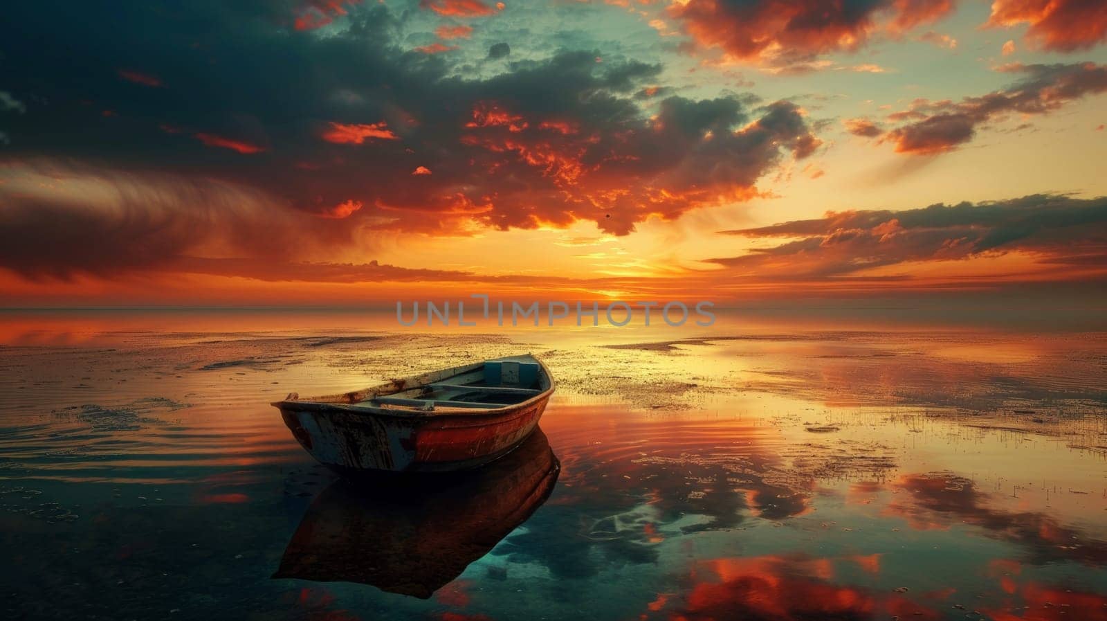 A boat is sitting on the water at sunset