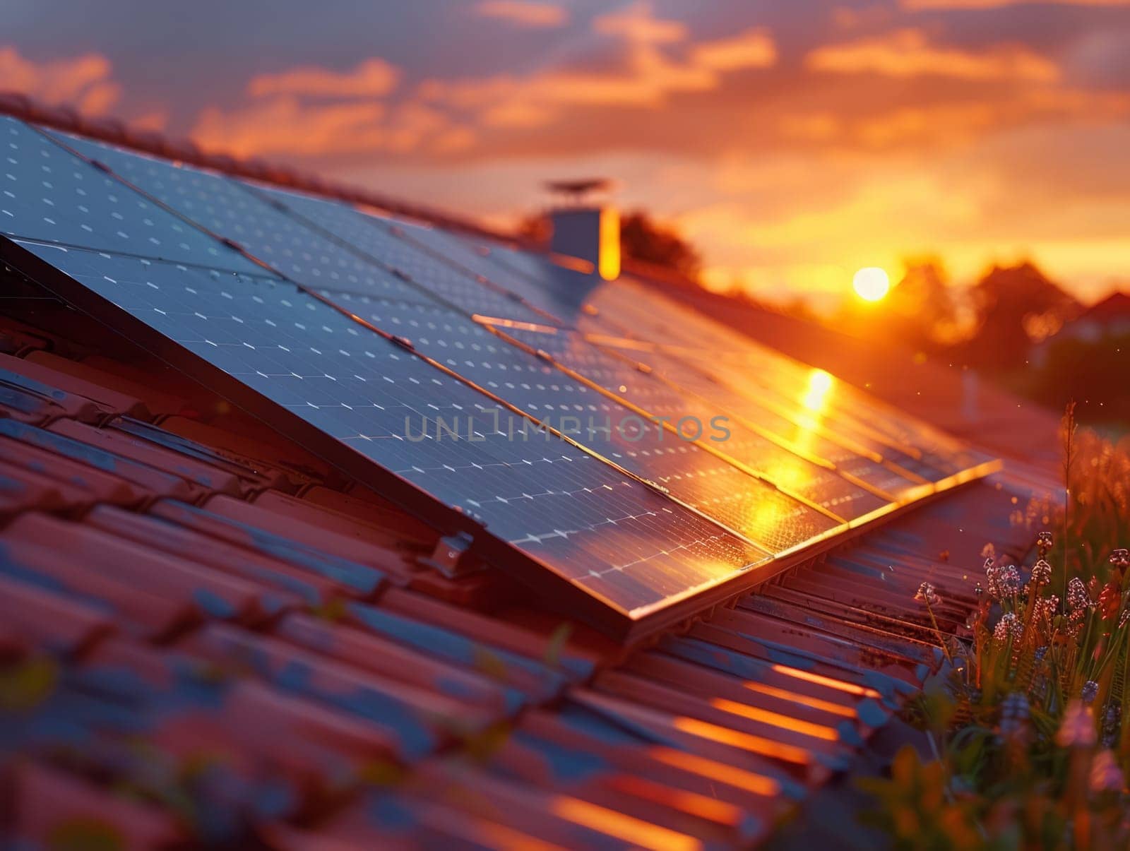 Solar Panels on House Roof at Sunset. Solar Energy Alternative Energy Renewable Concept. Photovoltaic Technology by iliris