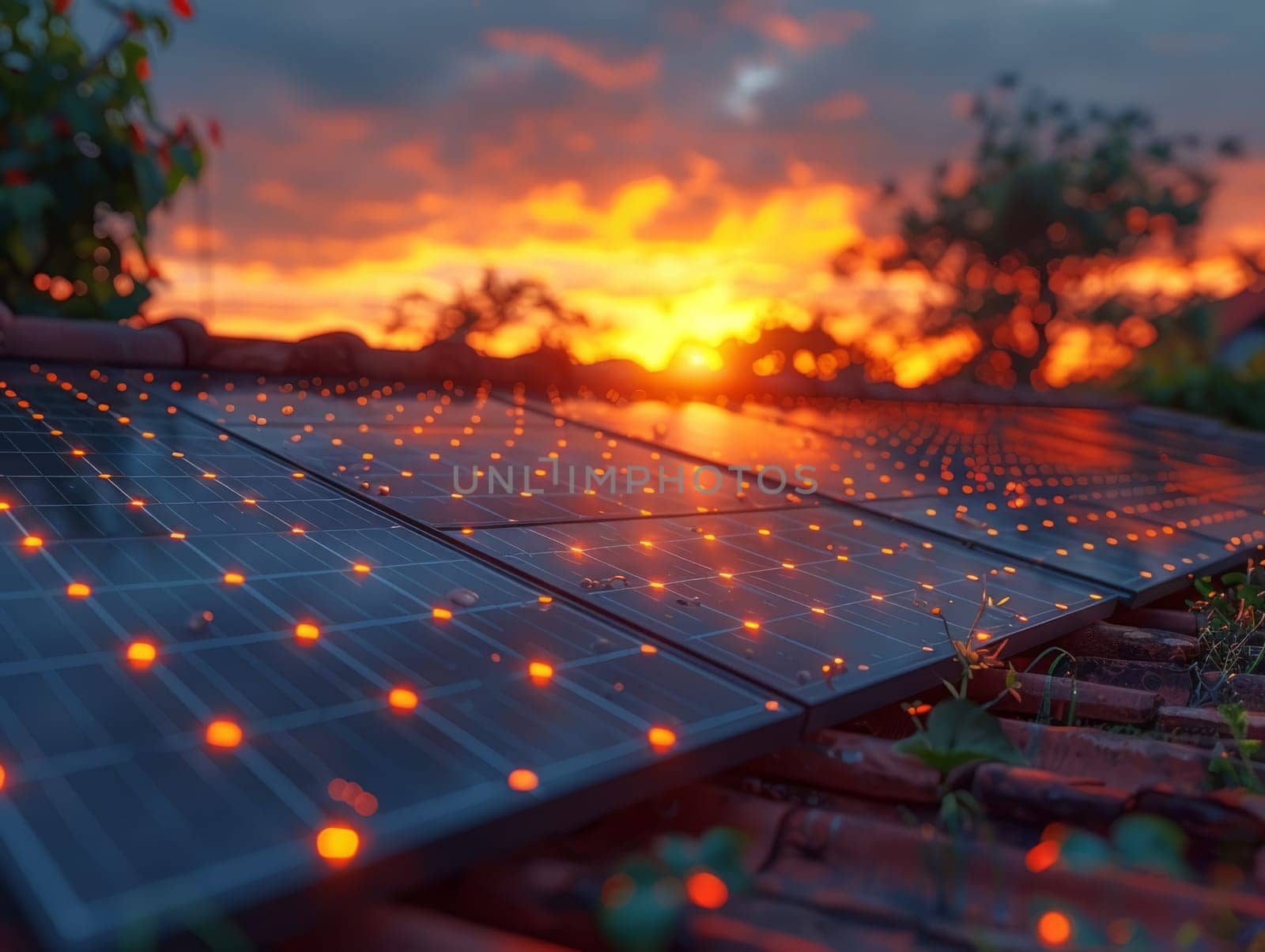 Solar Panels on House Roof at Sunset. Solar Energy Alternative Energy Renewable Concept. Photovoltaic Technology. Ai generated