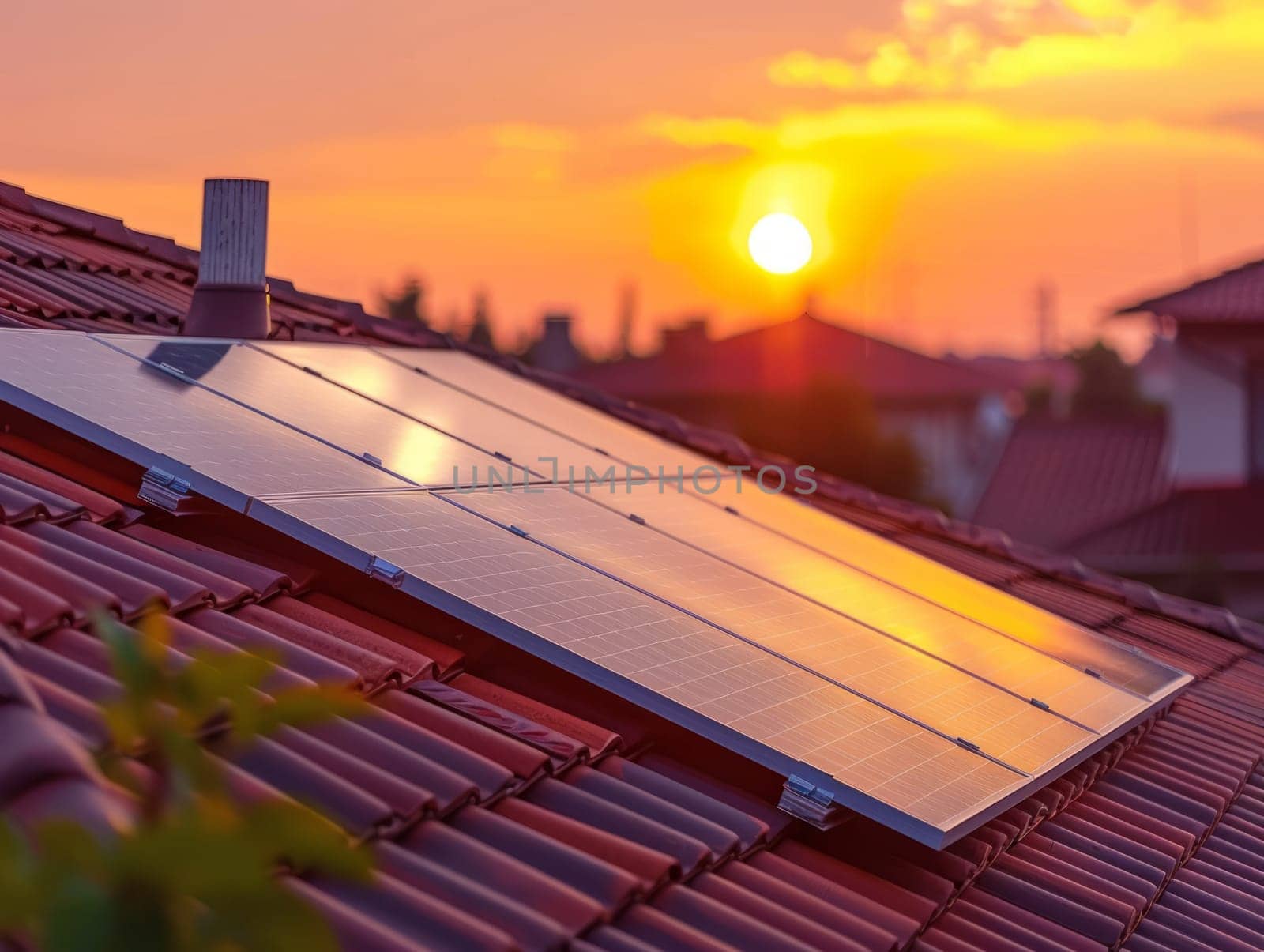 Solar Panels on House Roof at Sunset. Solar Energy Alternative Energy Renewable Concept. Photovoltaic Technology. Ai generated