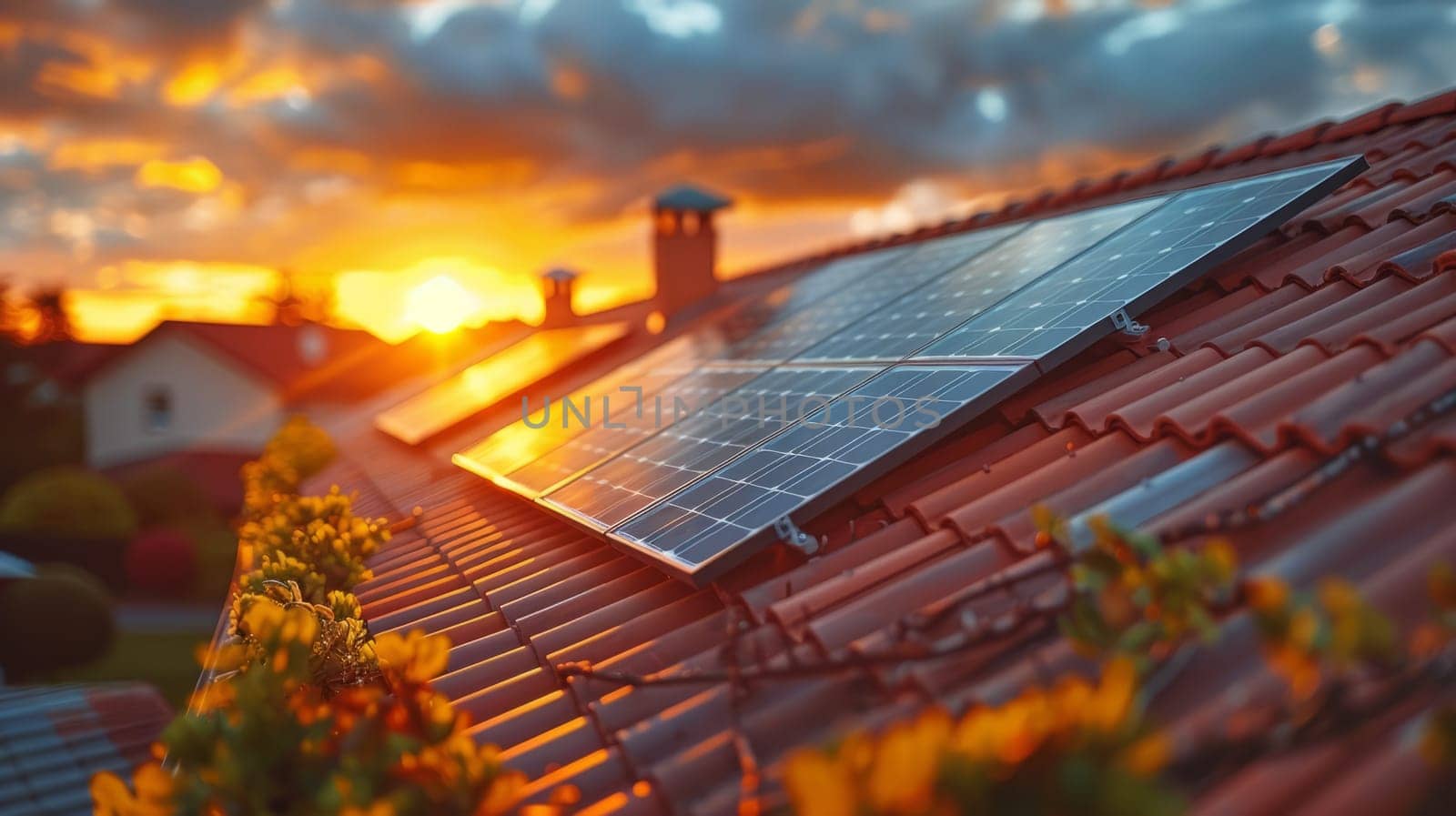 Solar Panels on House Roof at Sunset. Solar Energy Alternative Energy Renewable Concept. Photovoltaic Technology. Ai generated