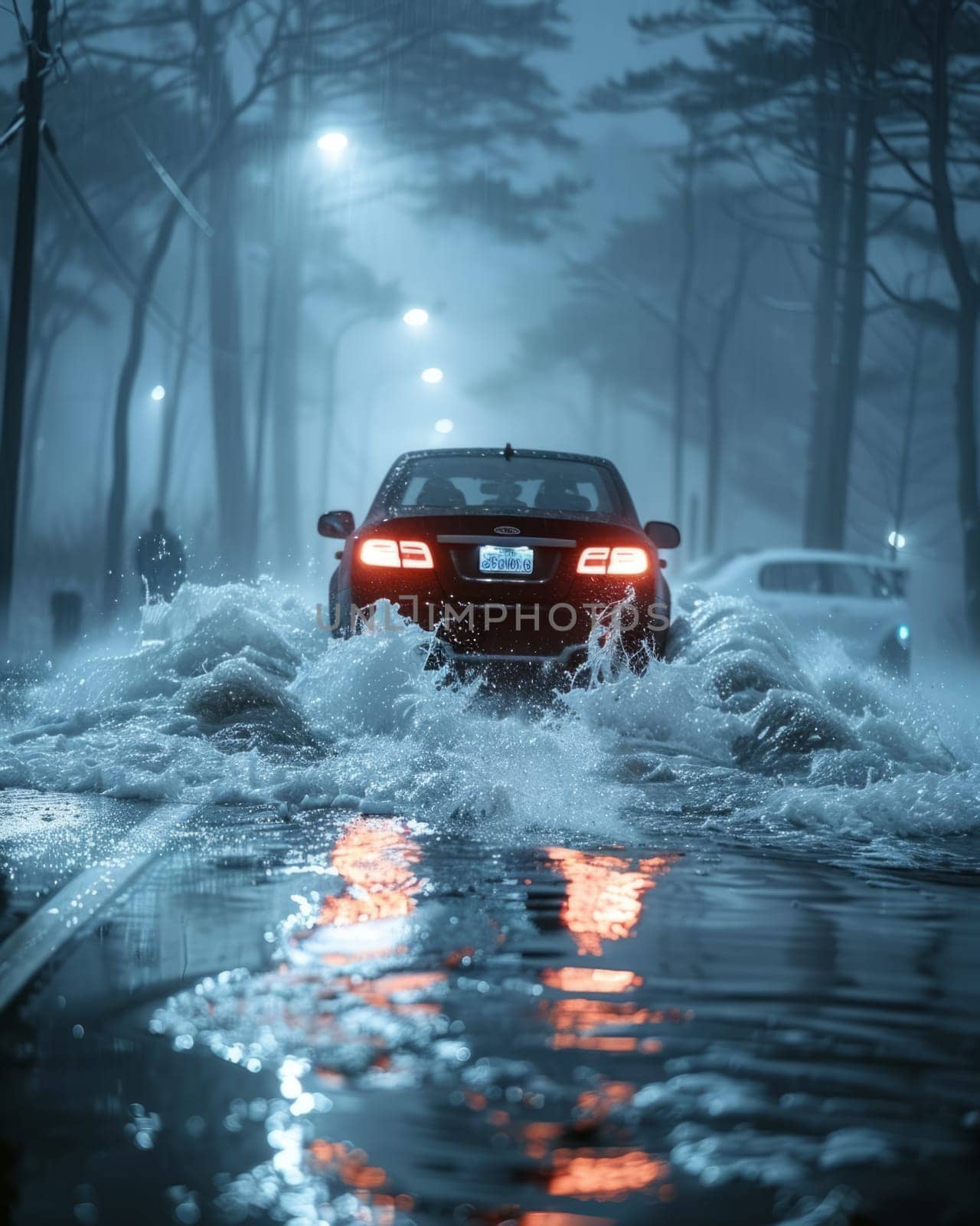 Car drives along flooded road during rain. Thunderstorm disaster, car drives through a puddle in the pouring rain. Ai generated