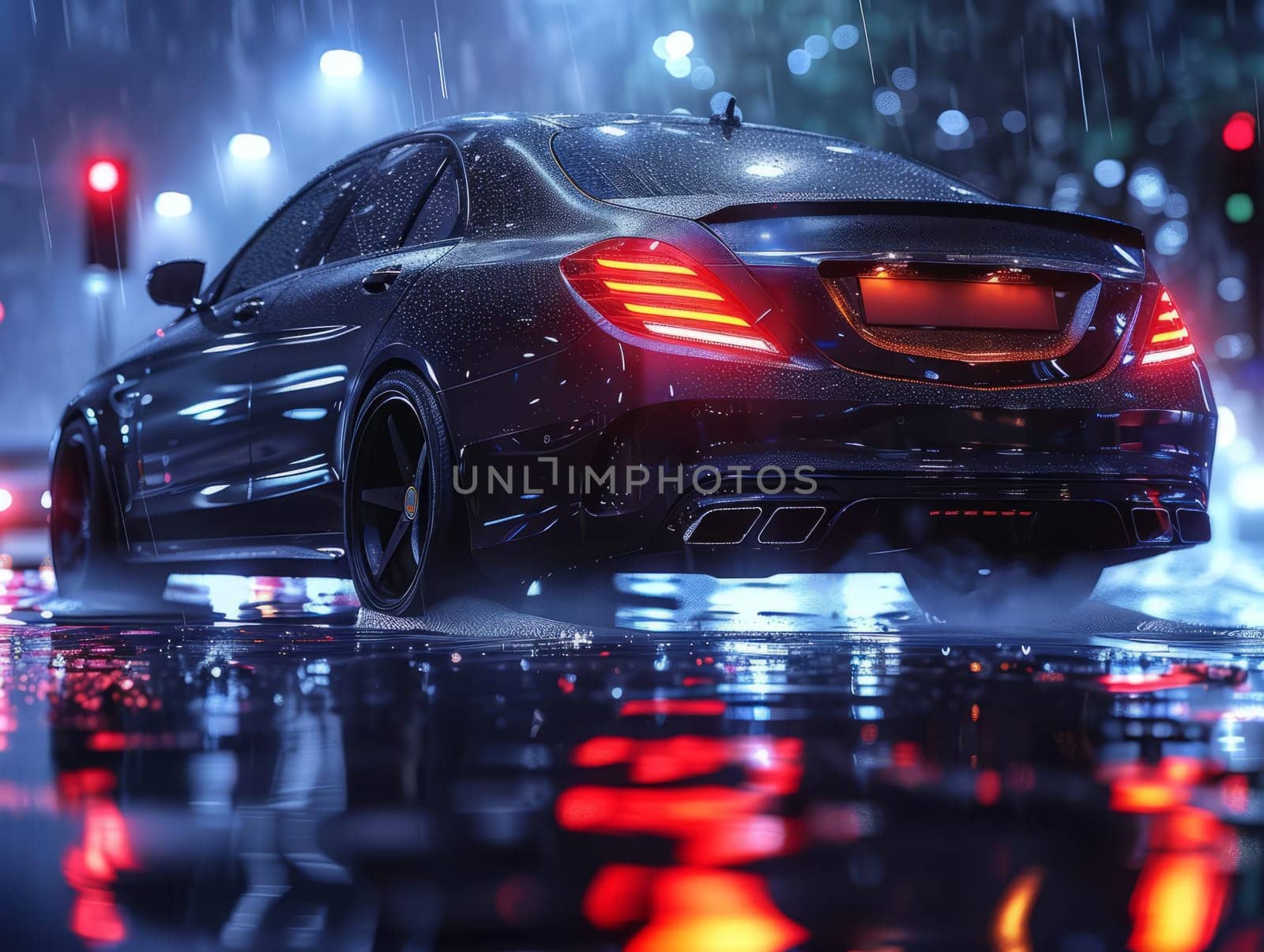 Car drives along flooded road during rain. Thunderstorm disaster, car drives through a puddle in the pouring rain by iliris