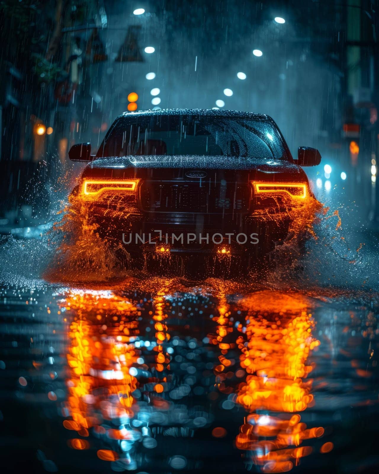Car drives along flooded road during rain. Thunderstorm disaster, car drives through a puddle in the pouring rain by iliris
