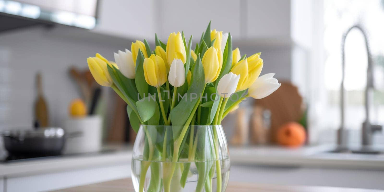 Lovely Bunch Of Fresh White And Yellow Tulips On A Kitchen Table