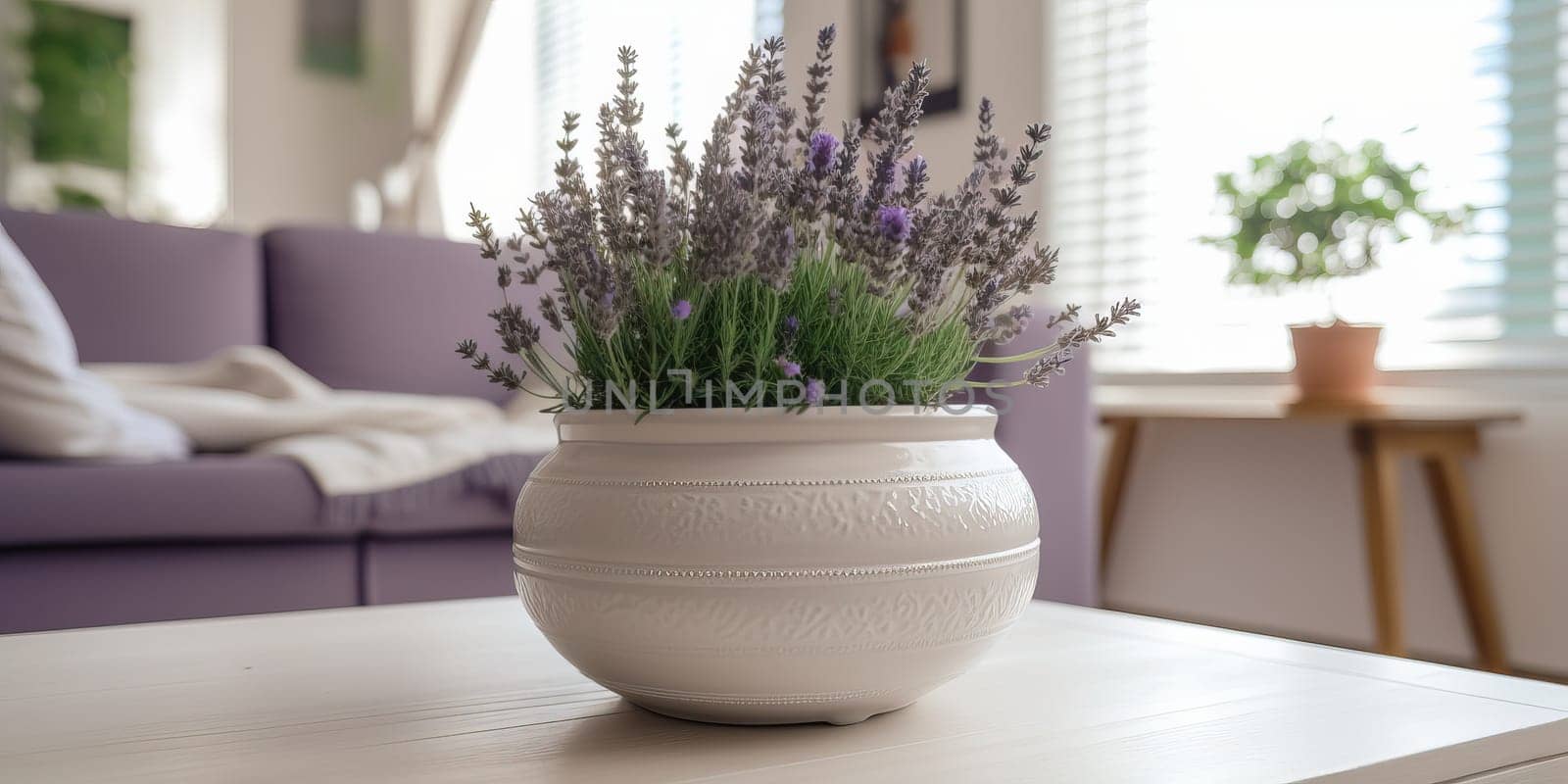 Beautiful White Pot With Growing Lavender On A Table In Living Room by tan4ikk1