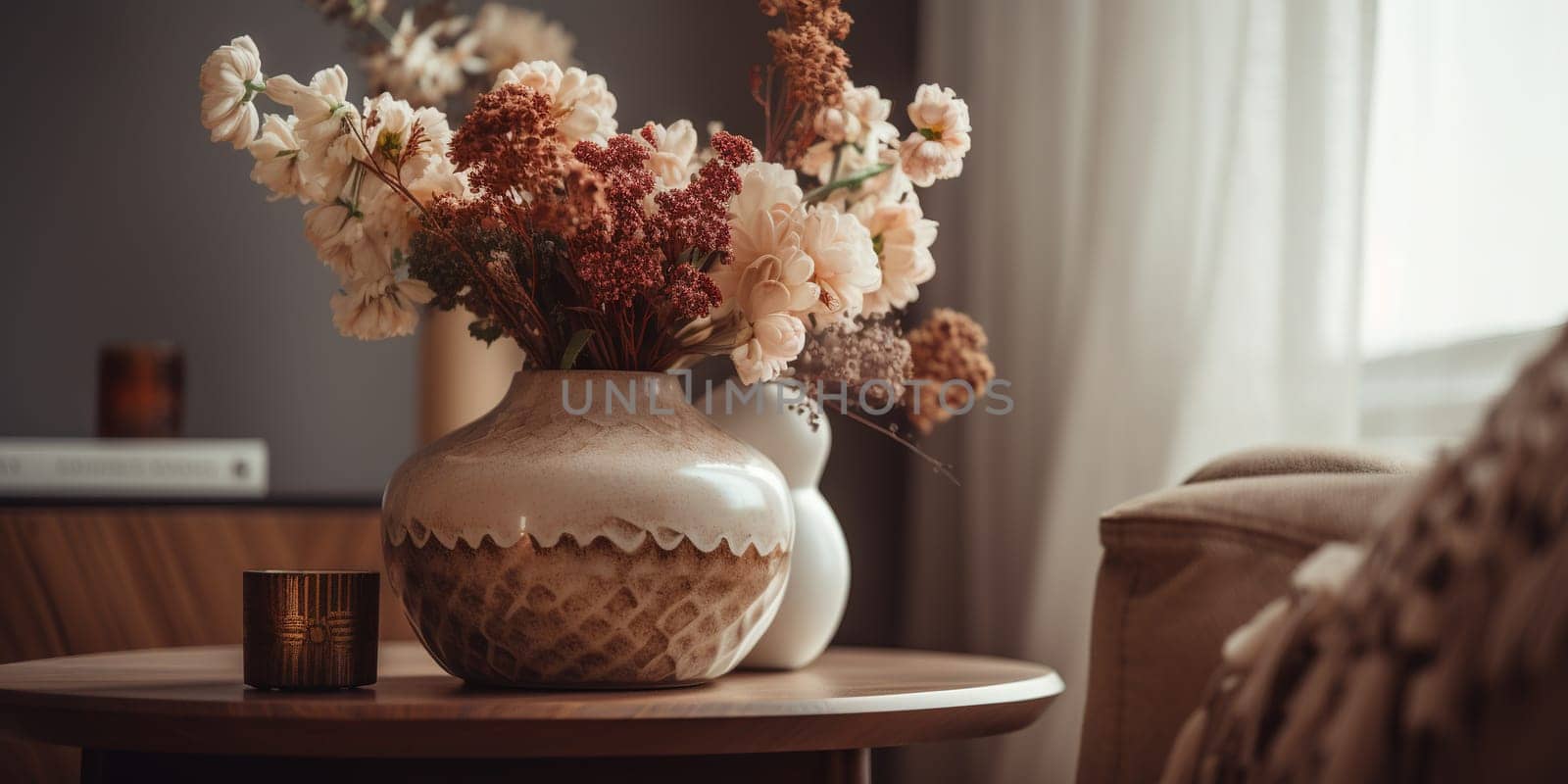 Glass Vase With Fresh Beige And Red Flowers On A Table In Living Room by tan4ikk1