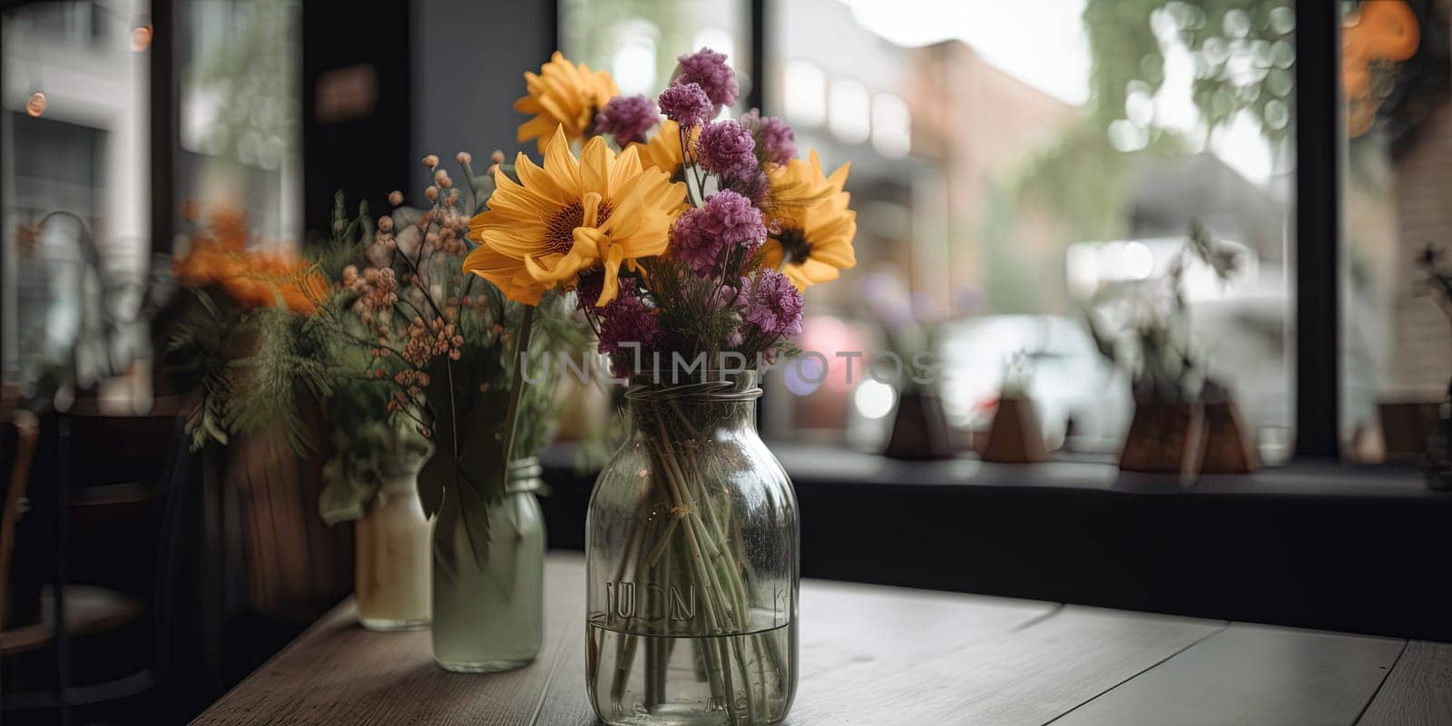 Beautiful Bouquet Of Fresh Pink And Yellow Flowers On A Table by tan4ikk1