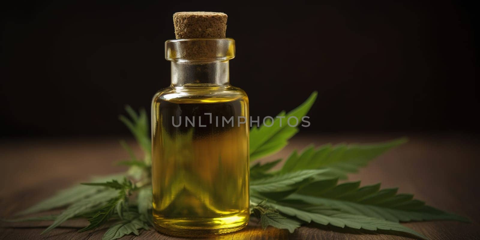 Table With Fresh Marijuana Leaves And A Bottle Of Cannabis Oil