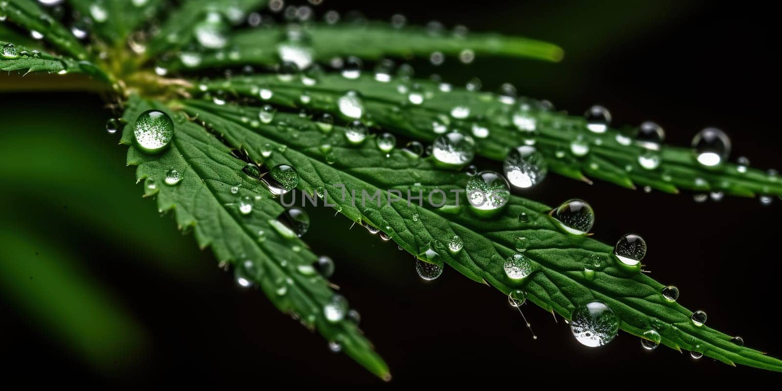 Close Up View Of Fresh Marijuana Leaves With Dew Drops