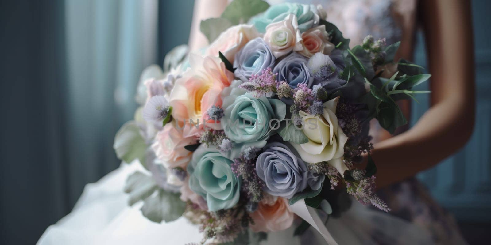 Bride Holding A Lovely Bouquet Of Roses And Other Flowers In Her Hands