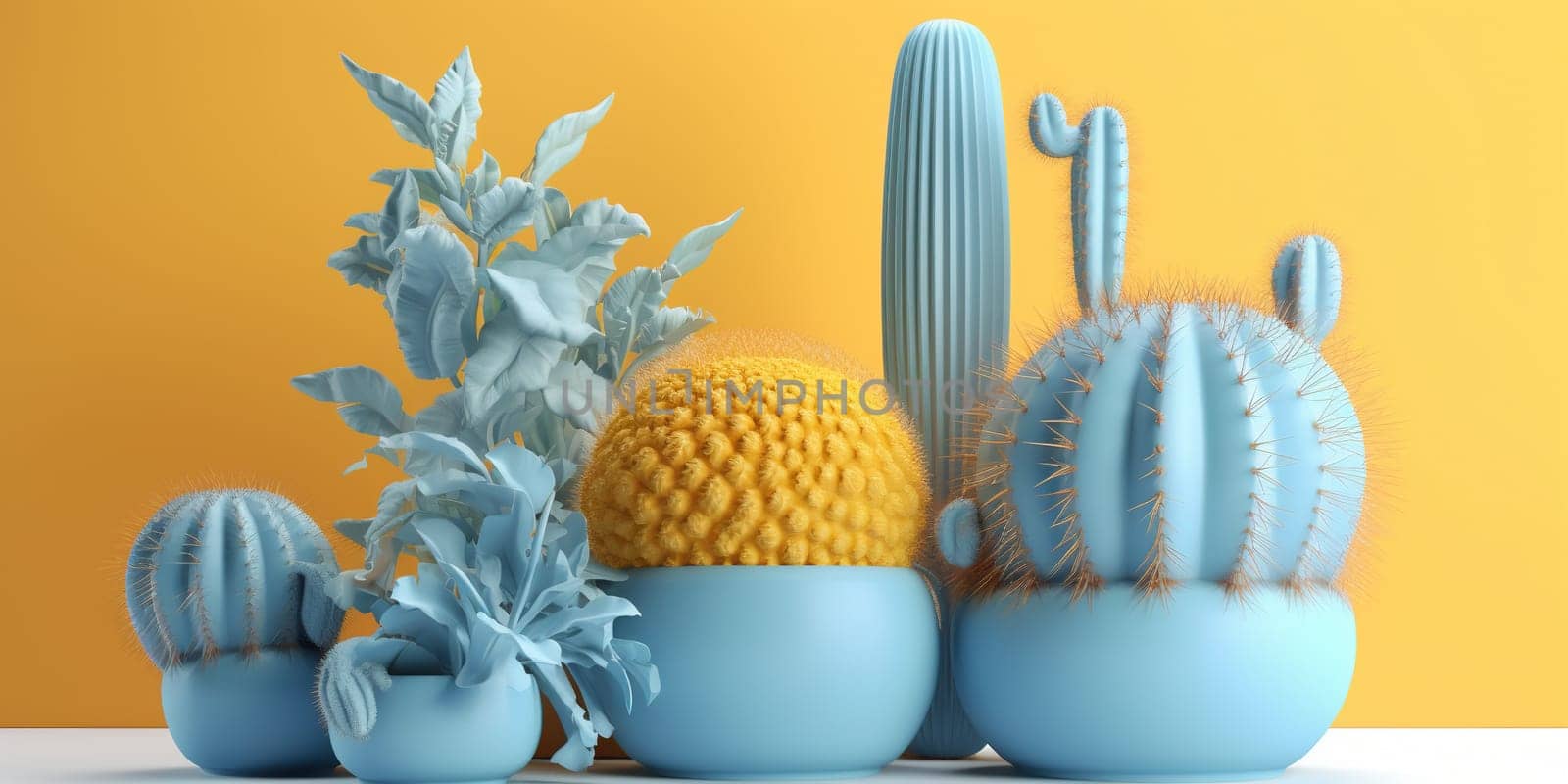 Blue Cactuses In Pots Against A Yellow Backdrop