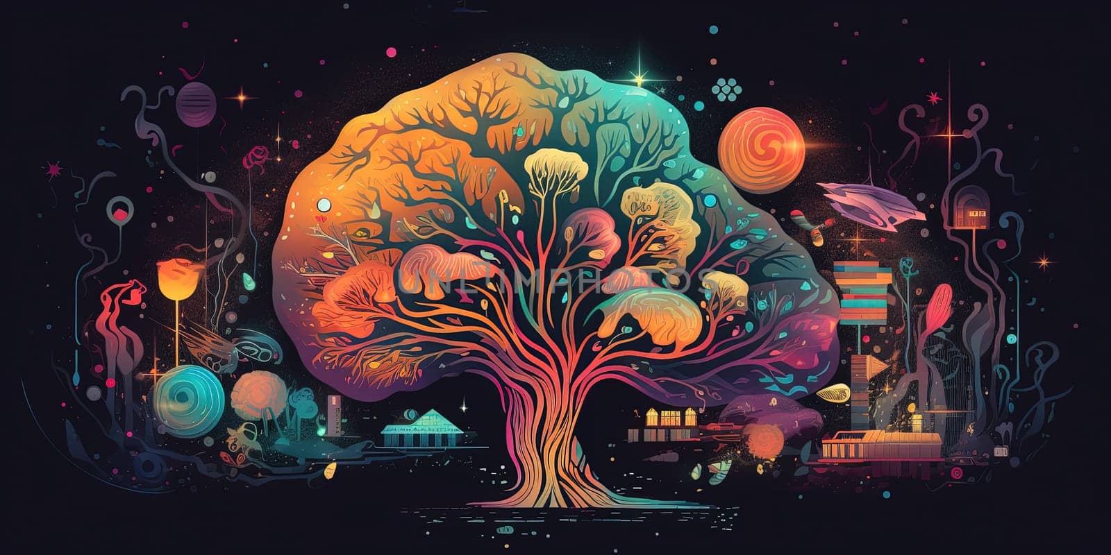 Colourful Illustration Of Art Tree On A Black Background by tan4ikk1