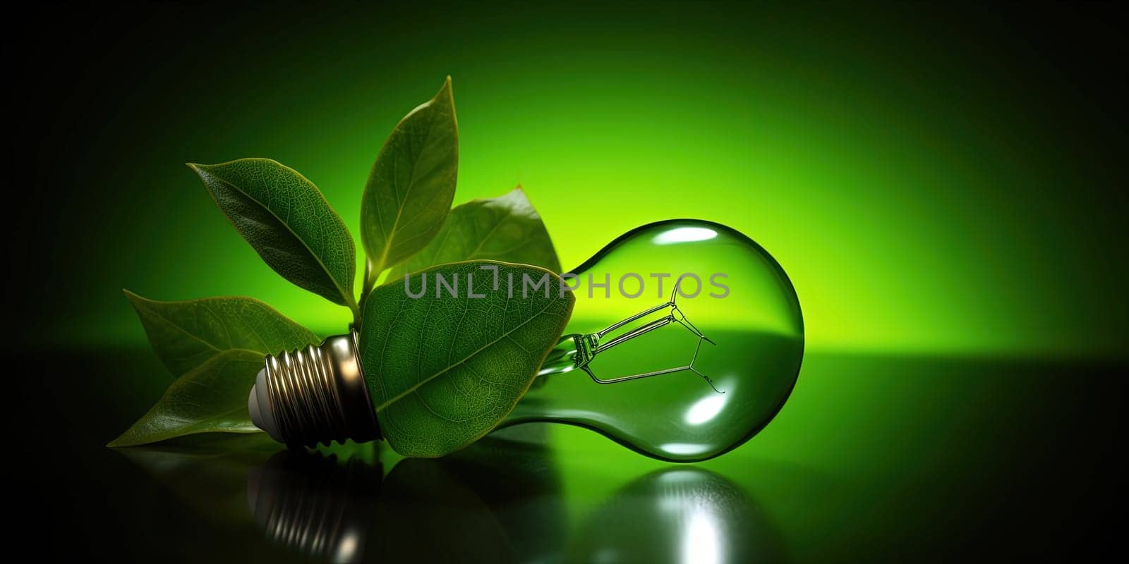 Green Light Illuminating Electric Bulb With Green Leaves, Symbolizing Green Energy