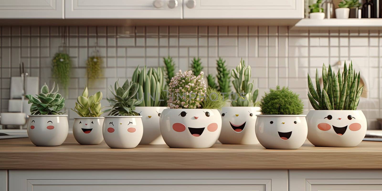 Funny Pots With Houseplants And Succulents On A Kitchen Table