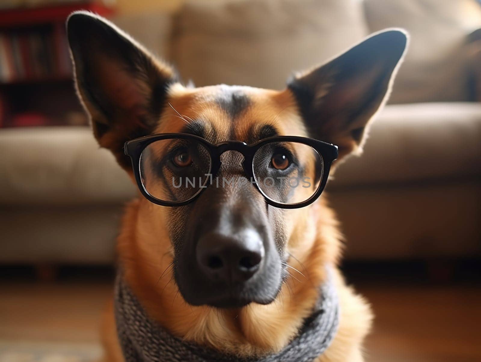 Smart Dog German Shepherd Breed In Glasses Looking Into The Camera by tan4ikk1