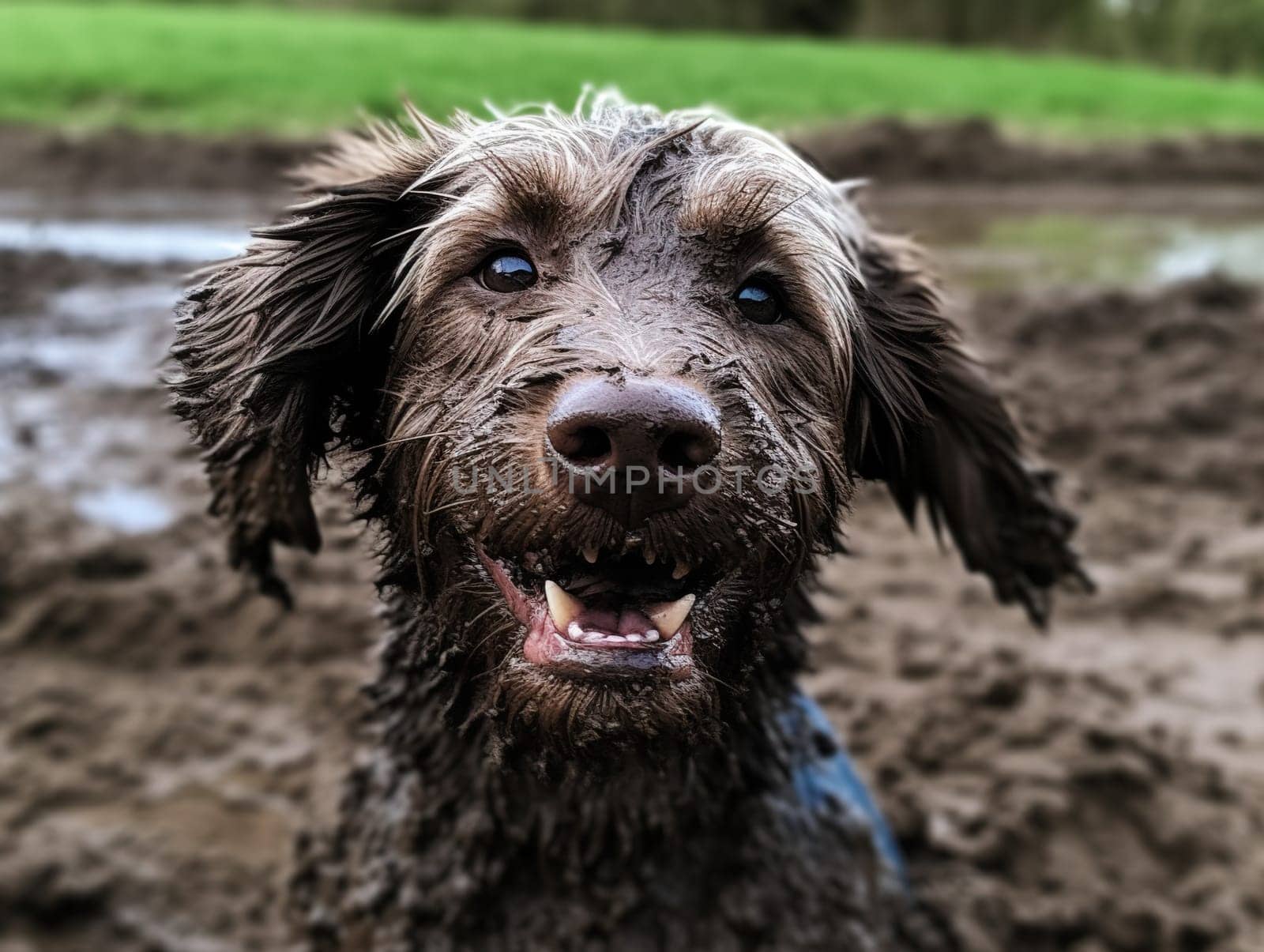 Joyful Golden Retriever Dog Dirty In The Mud