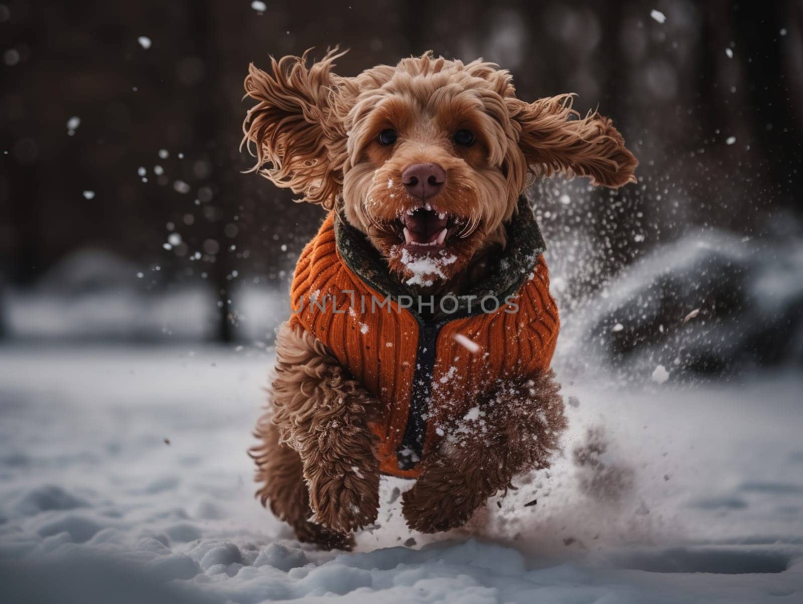 Small Fluffy Dog Amusingly Running Through Winter Snow