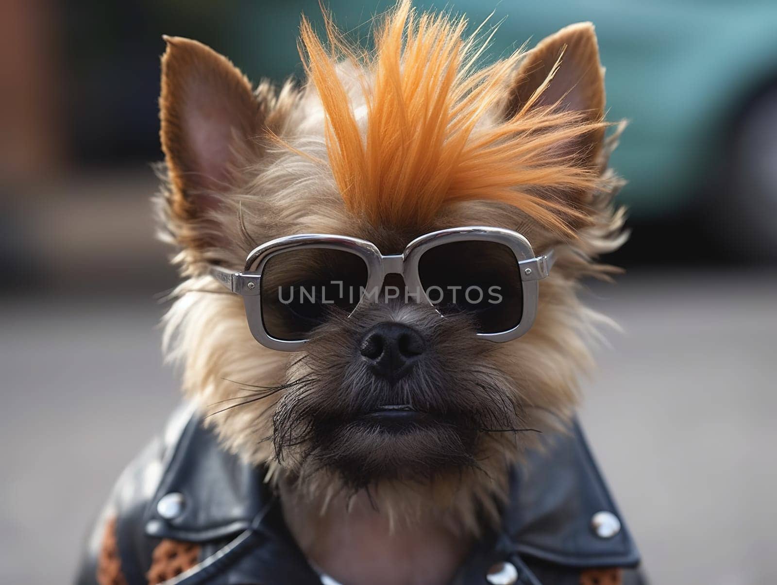 Funny Yorkshire Terrier In Sunglasses Dresses Like Rock Musician With Colored Hair by tan4ikk1