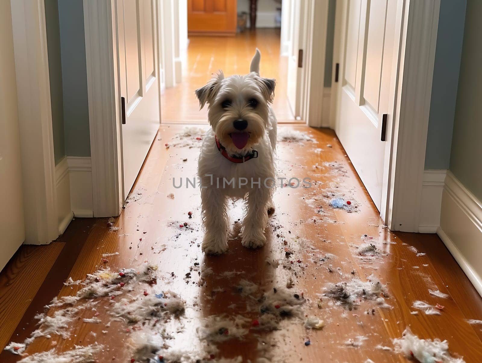 Small Beautiful White Yorkshire Terrier Breed Dog Made A Mess Indoors
