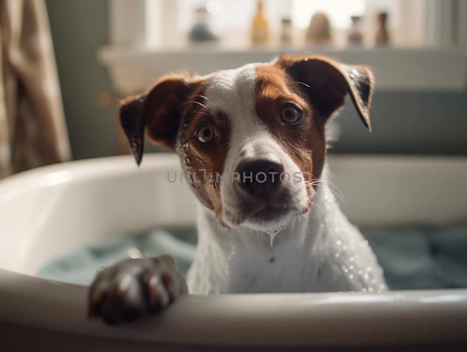 Happy Jack Russell Dog Breed Sitting In The Bathtub