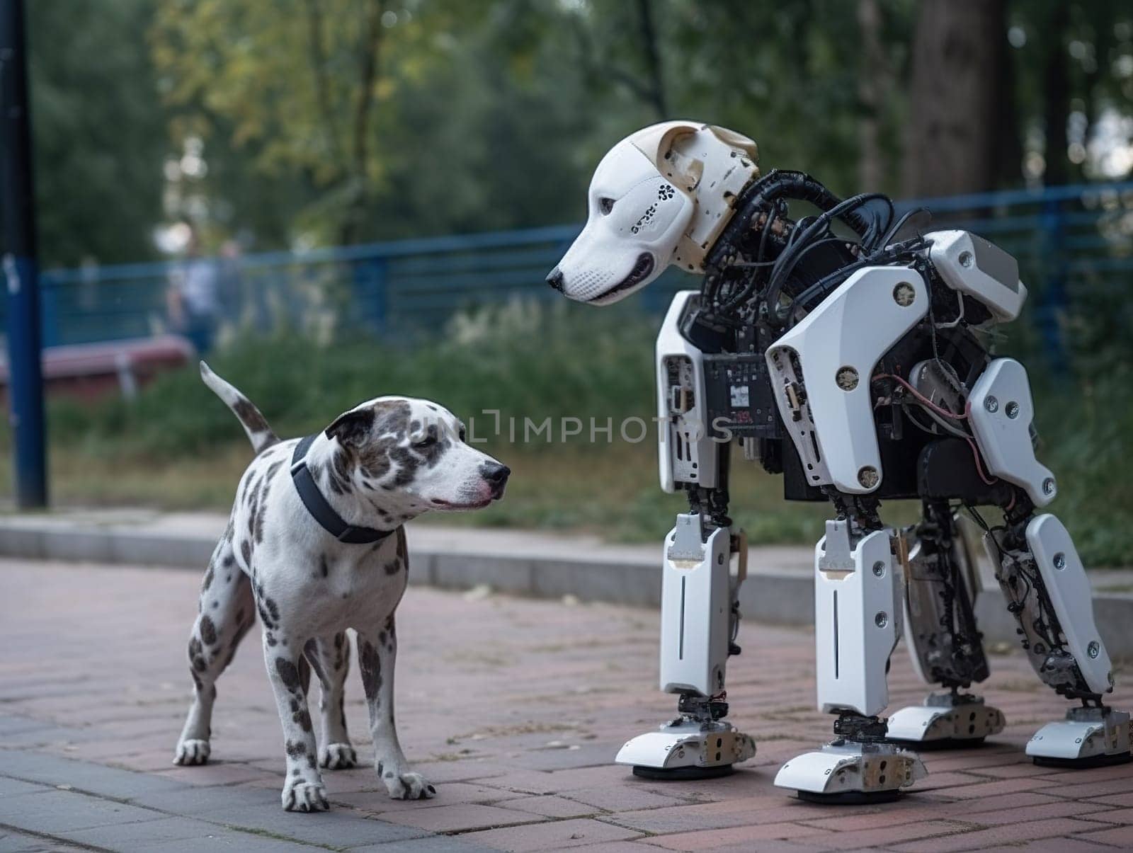 Dog Robot And Real Dog Interact On A Street by tan4ikk1